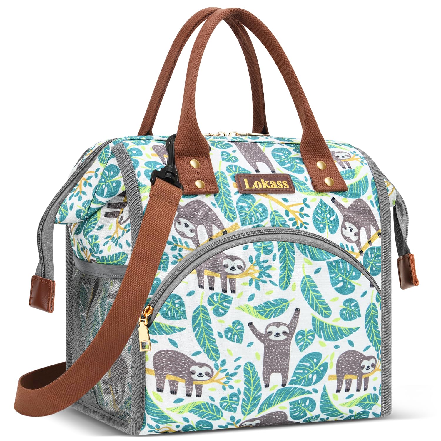 LOKASS Lunch Bag Insulated Lunch Box Wide-Open Lunch Tote Bag Large Drinks Holder Durable Nylon Snacks Organizer with Removable Shoulder Strap for Women Men Adults Work Outdoor,Sloth