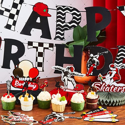 Miniatura 4 de Outus 34 piezas de decoración de fiesta de patineta de cumpleaños, suministros de fiesta de cumpleaños, centros de mesa, decoración de cupcakes para