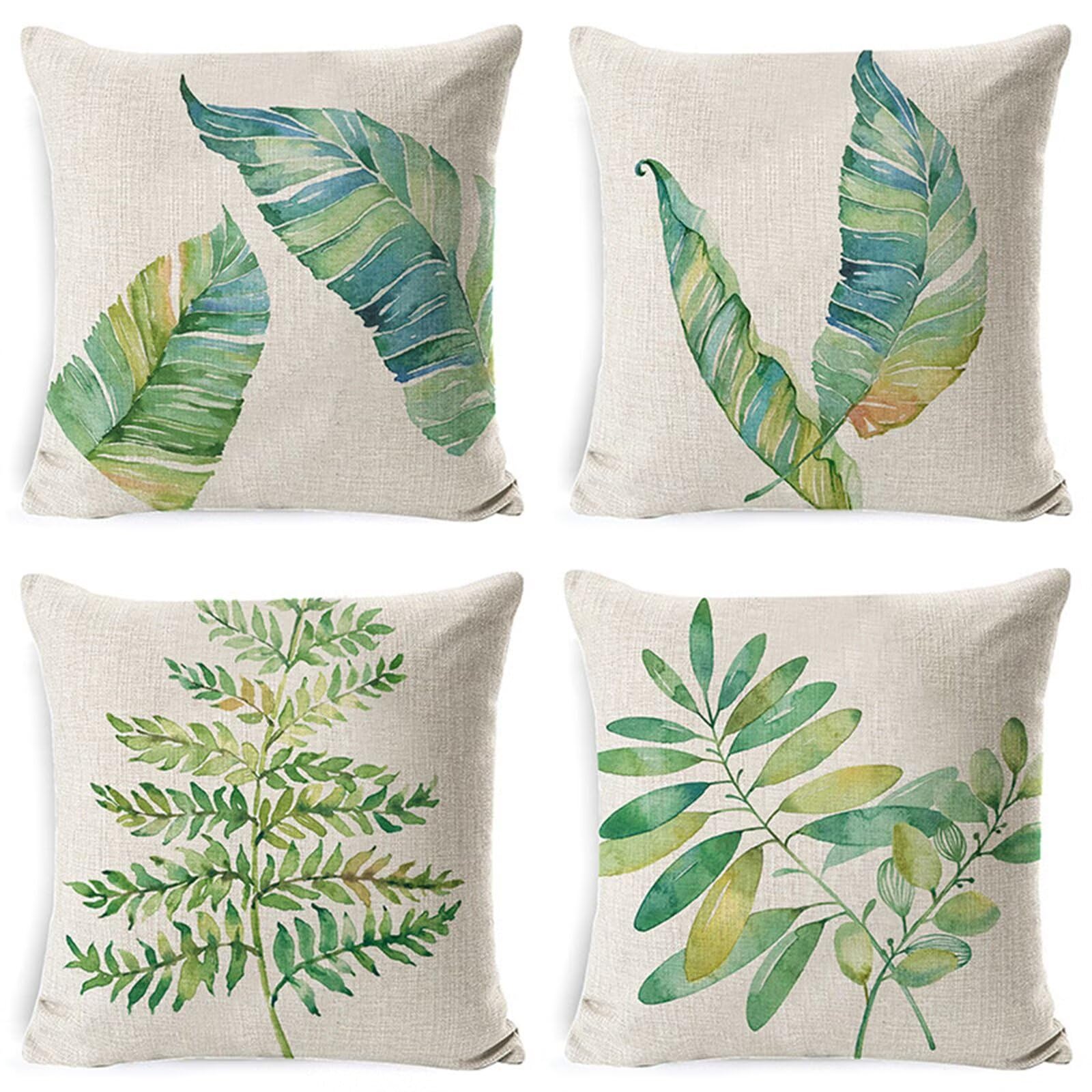 Juego de 4 Impermeable Funda de Cojín Hojas de Acuarela,55x55cm Moderno Suave Transpirables Lino Fundas de Almohada Cojines Decorativos con Cremallera Oculta para Exterior Sofá Cama Coche Hogar