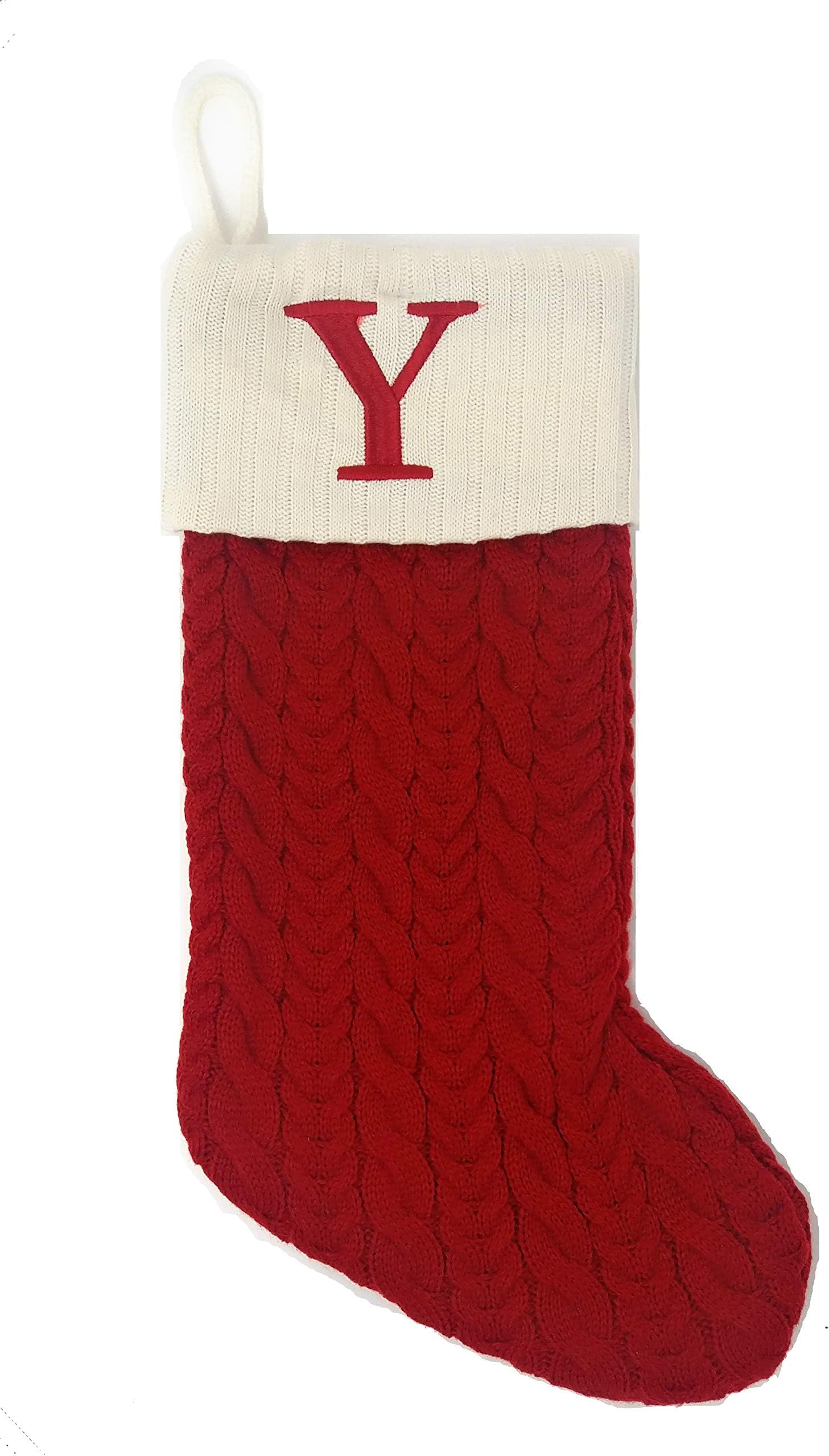 Red White 21 Inch Cable Knit Monogram Christmas Stocking with Embroidered Letter Y