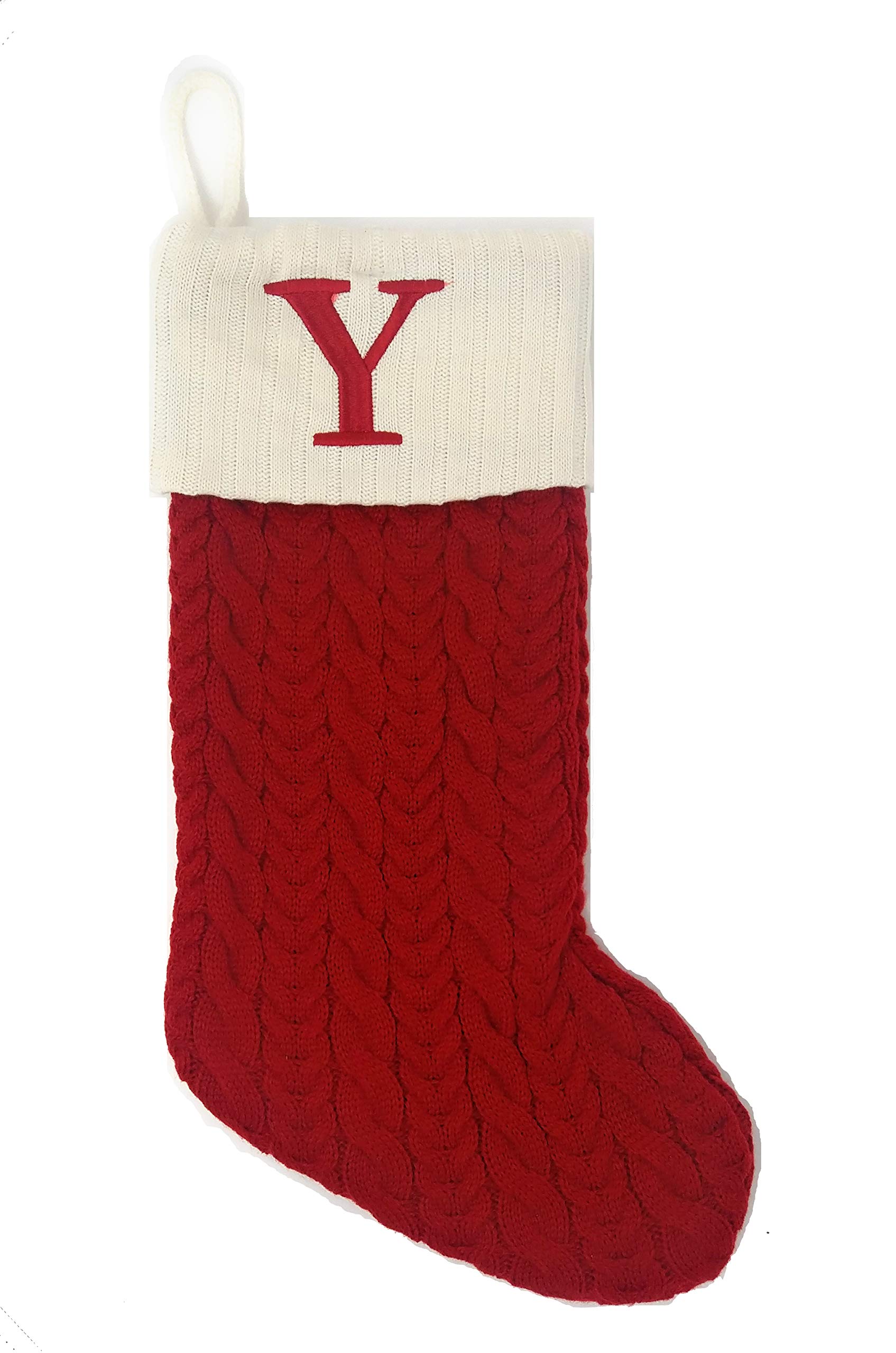 Red White 21 Inch Cable Knit Monogram Christmas Stocking with Embroidered Letter Y