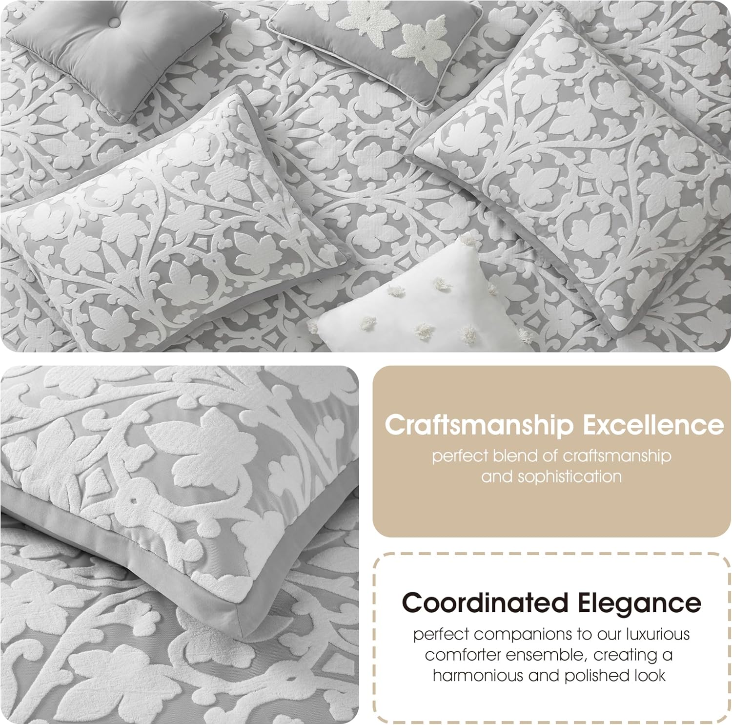 Grand Avenue 7 Piece White Grey Comforter Set, Queen Size Jacquard Bedding Set, All Season Floral Leaves Bedding, Matching Pillows, Shams, Bed Skirt - Image 6