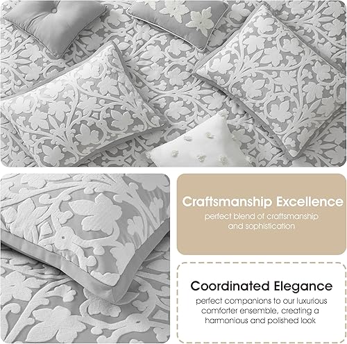 Miniatura 6 de Grand Avenue Juego de edredón de 7 piezas, color blanco y gris, juego de ropa de cama jacquard tamaño King, ropa de cama de hojas florales para