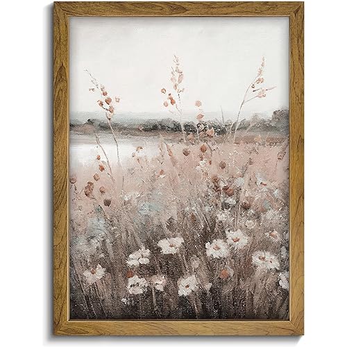 Wildflower Field Landscape Prints - Vintage Farmhouse Wall Decor Art, Country Field Landscape Oil Painting, Brown Framed Ready to Hang
