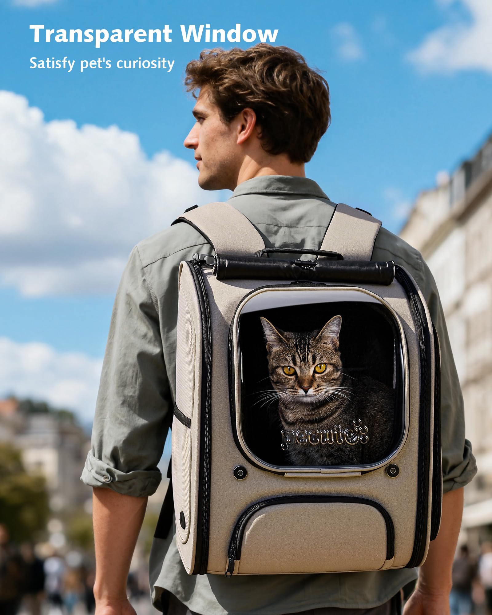 Pecute Scalabile Zaino Trasportino per Gatti a Bolla - Ampio spazio stabile, parasole traspirante, ideale per viaggiare, fare visitare cliniche veterinarie con il tuo animale domestico, Cachi