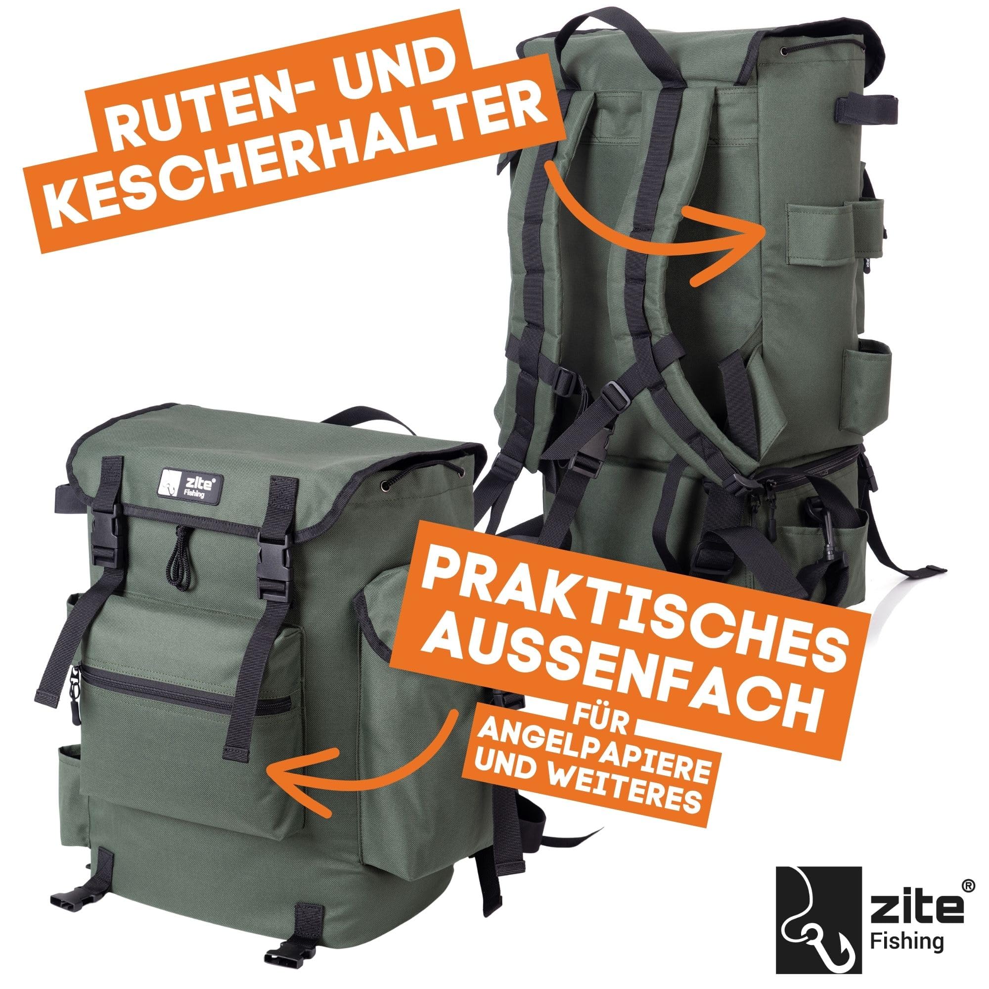 Zite Fishing Angelrucksack mit Rutenhalter & Abnehmarem Kühlfach - Angeltasche 55x30cm Gepolsterte Schultergurte - Spinnfischen & Ansitz Angeln, Angel Rucksack Fishing Backpack, Angler Rucksack angeln
