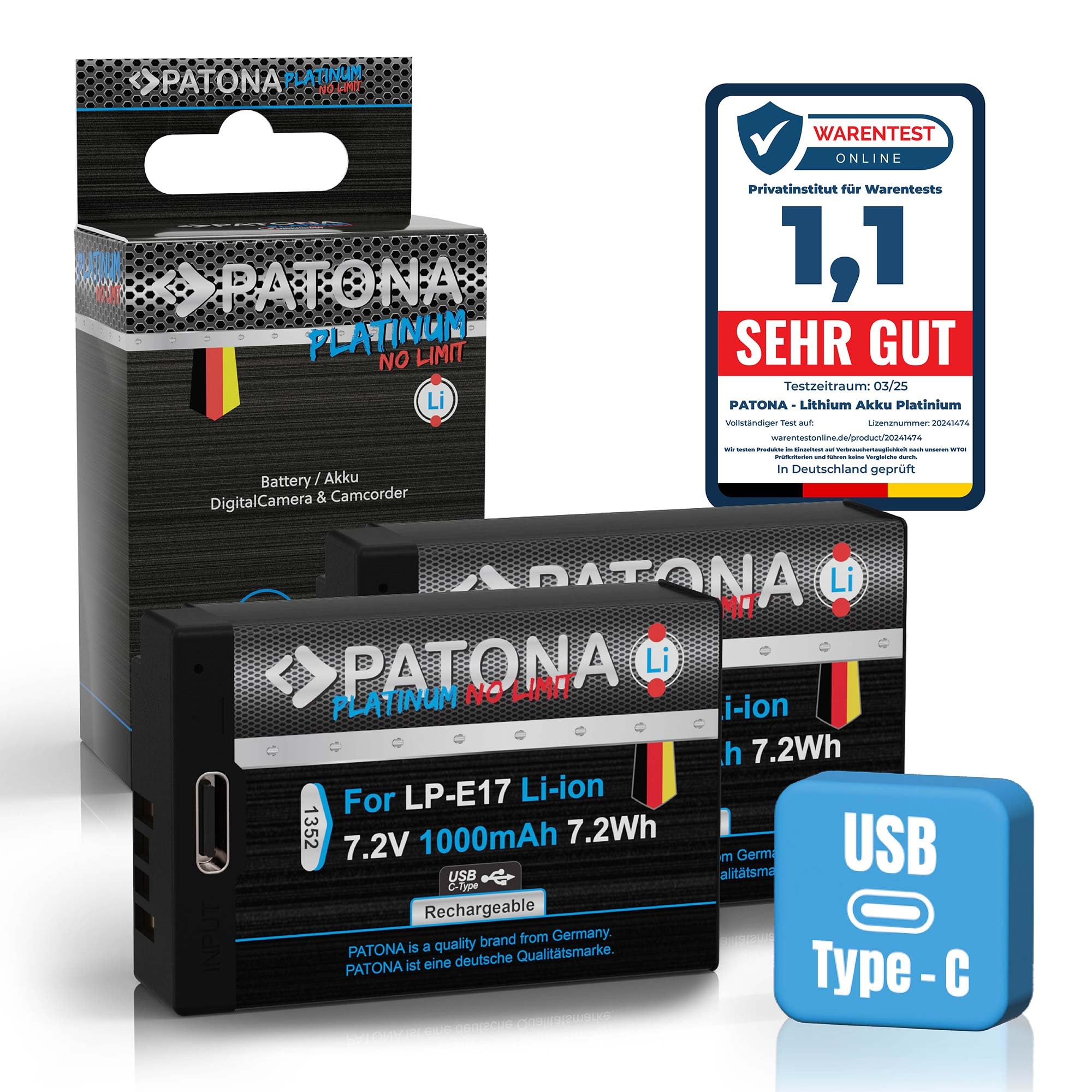 PATONA 2x Platinum Batteria LP-E17 (1000 mAh) con USB-C – per Canon EOS RP R10 R50 R100 77D 200D 250D 750D–800D M3 M5 M6 II – ricarica diretta nella batteria (parz. decodificata)