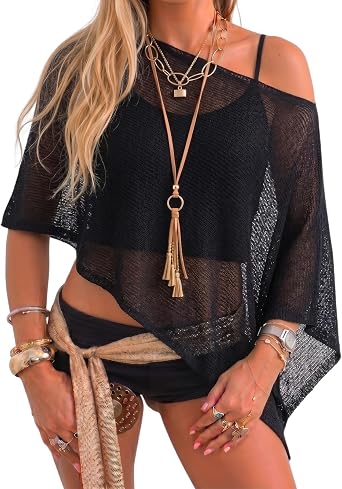 Women Sheer Poncho Top Knit Crochet Lightweight See Through Shawl Summer Shrug Beach Cover Up