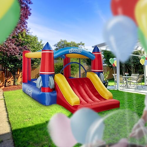 Miniatura 7 de Cloud 9 Casa inflable de rebote y soplador, gorila temática de cohete para niños con tobogán, incluye estacas y parches de reparación