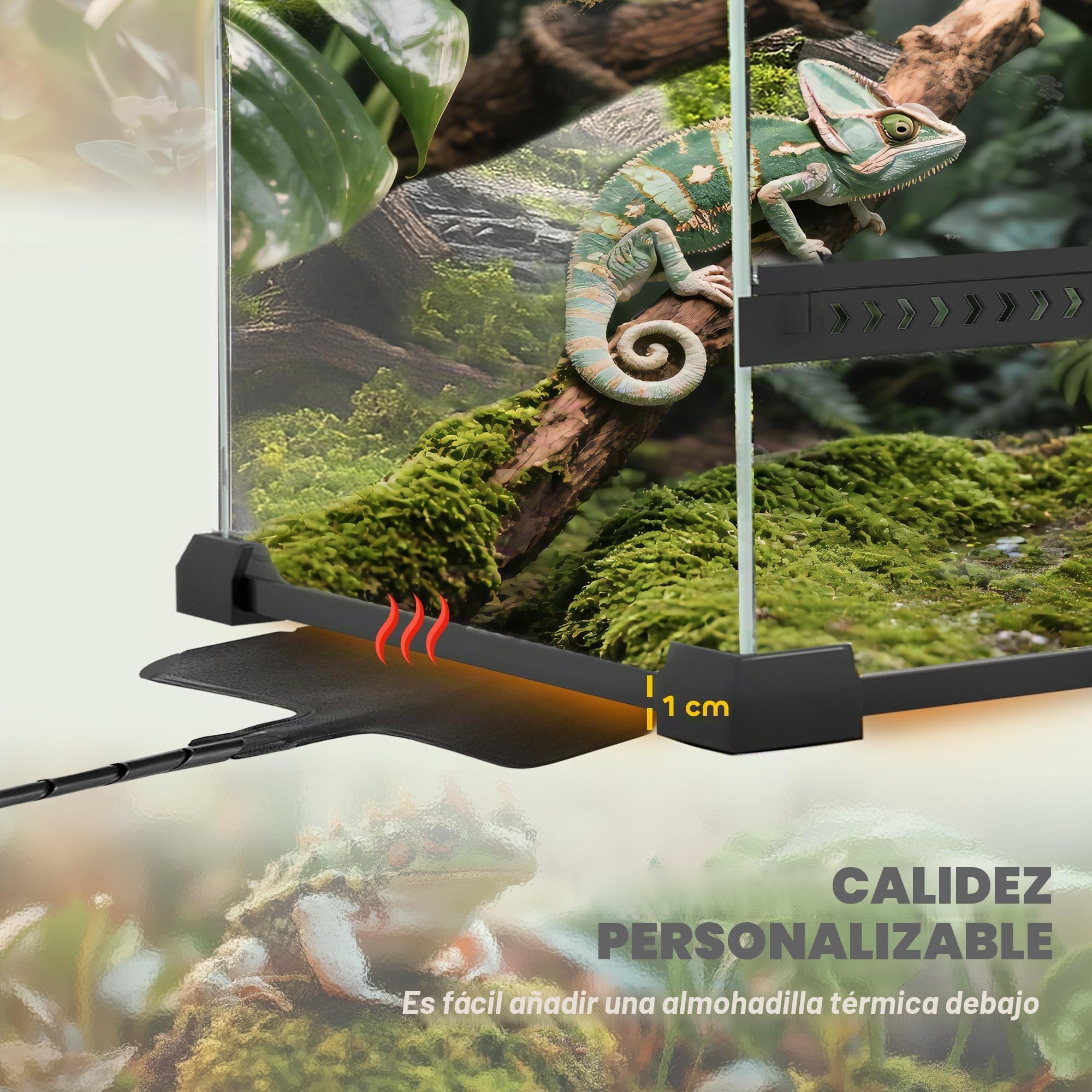 PawHut Terrario de vidrio para reptiles, vivero de reptiles con fondo de piedra, ventilación frontal, cerradura de botón a prueba de fugas, recinto de vidrio para lagartos, ranas con cuernos