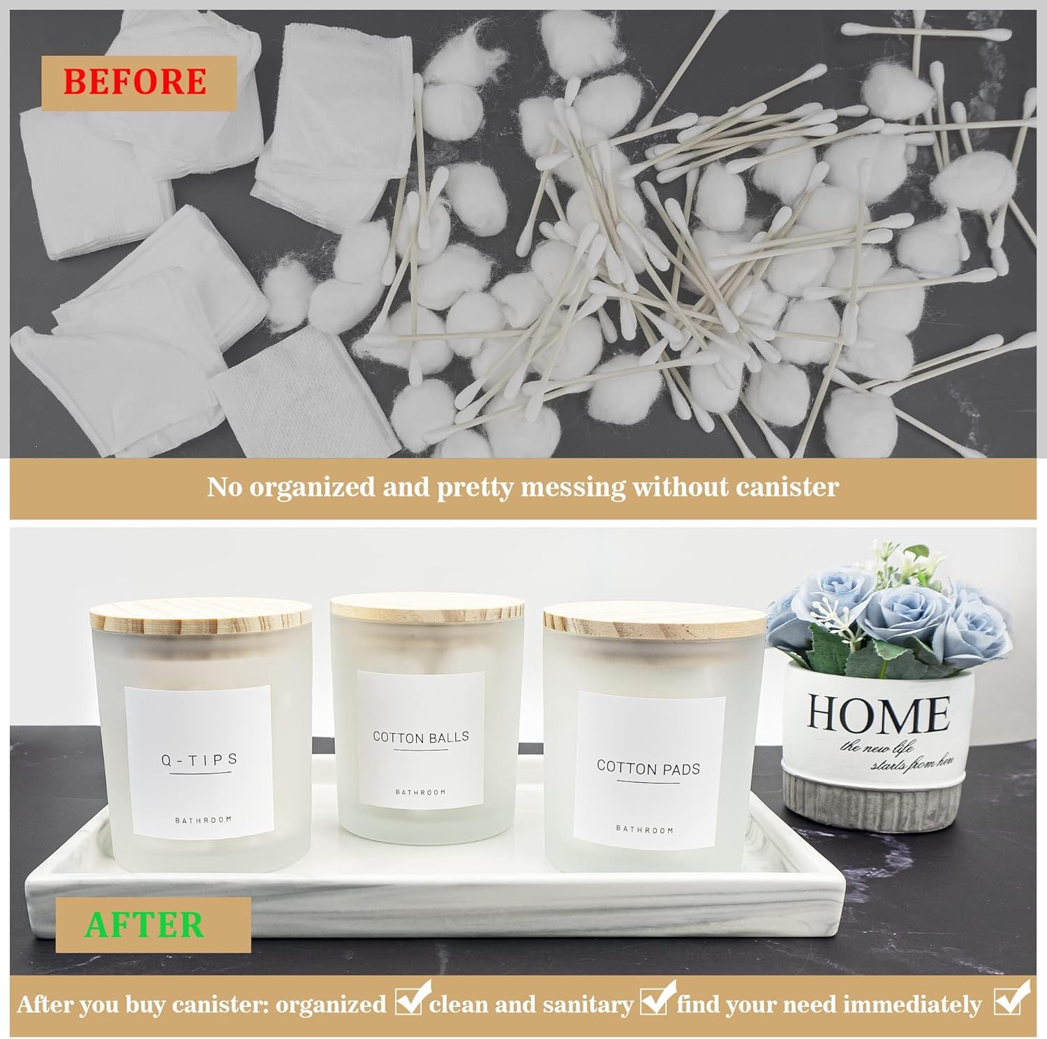 3PCS Modern 13.53oz Transparent Bathroom Canisters with 12 Labels & Wooden Lid Thick Glass Jar Set Qtip Holder for Cotton Ball & Pads Storage Organization Minimalist Decor