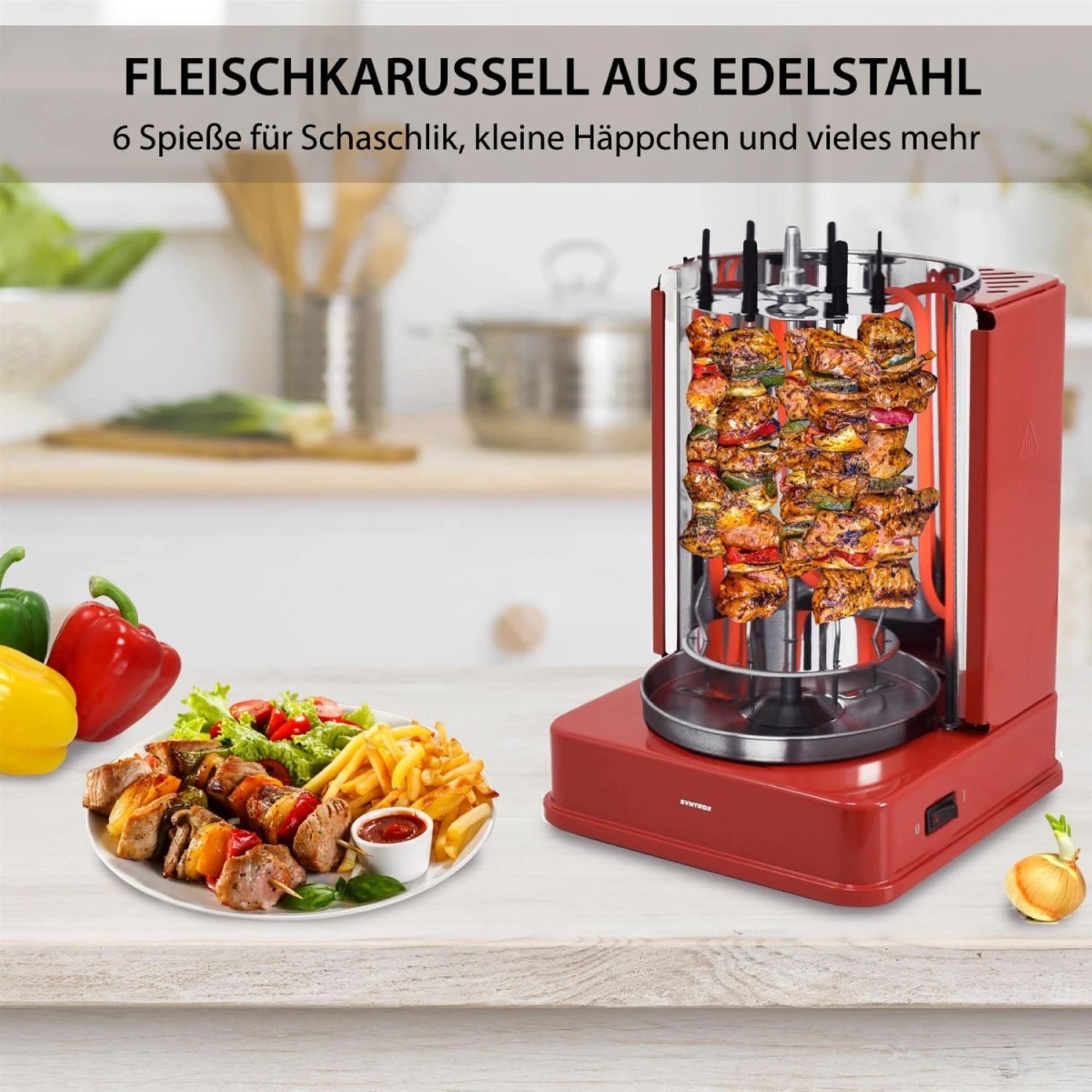 Syntrox Dönergrill Quandira 1400W - Rotisserie Grill für Döner, Hähnchen, Fisch & Gemüse - Gyrosgrill mit 6 Drehspießen - Elektrischer Drehgrill für Zuhause - Komplettset mit Zubehör