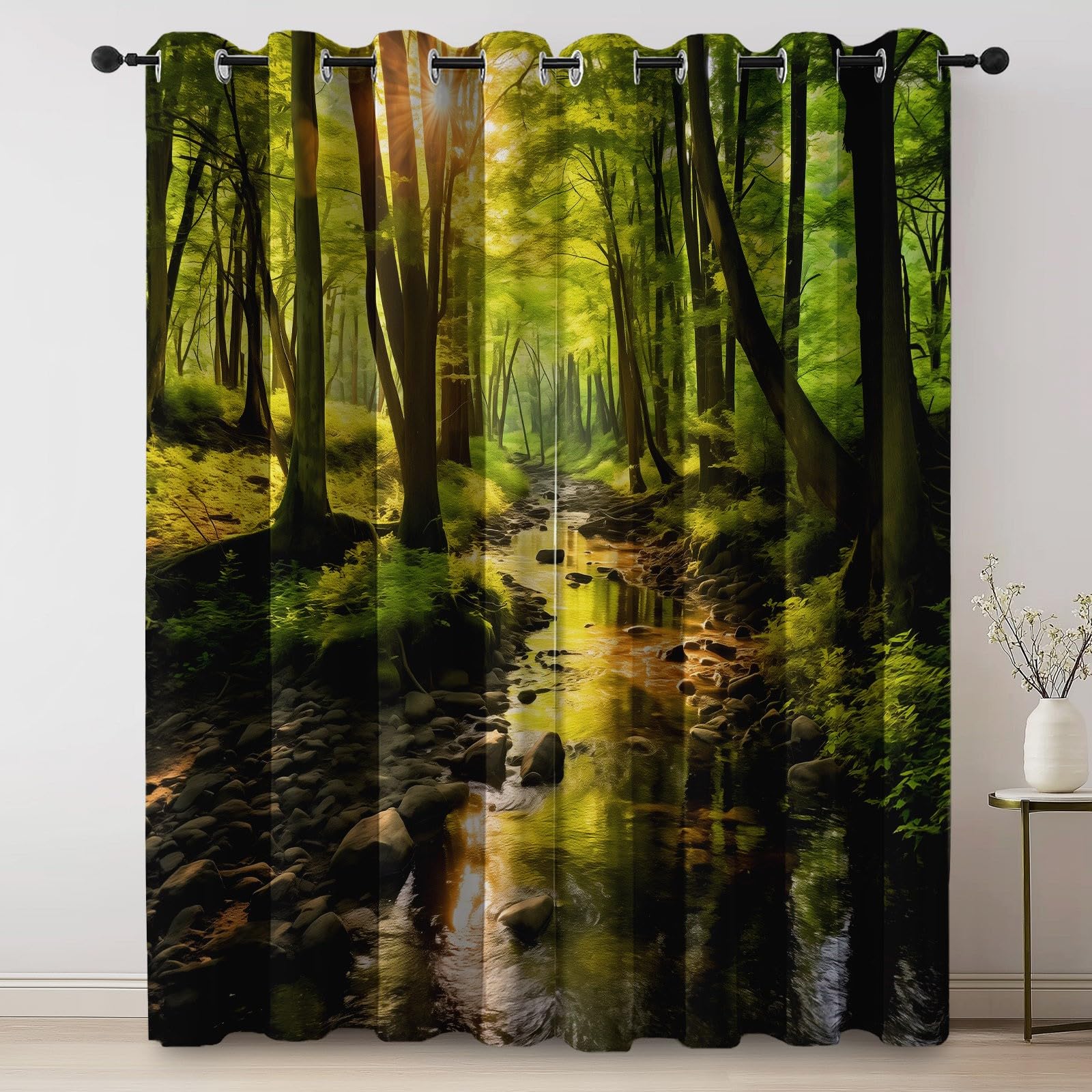 Zasłony zaciemniające do wnętrz - Natura las ze strumieniem, zasłona zaciemniająca do sypialni, 117 x 229 cm (2 panele), ciemnozielone, izolowane termicznie, zasłony z oczkami do biura i salonu