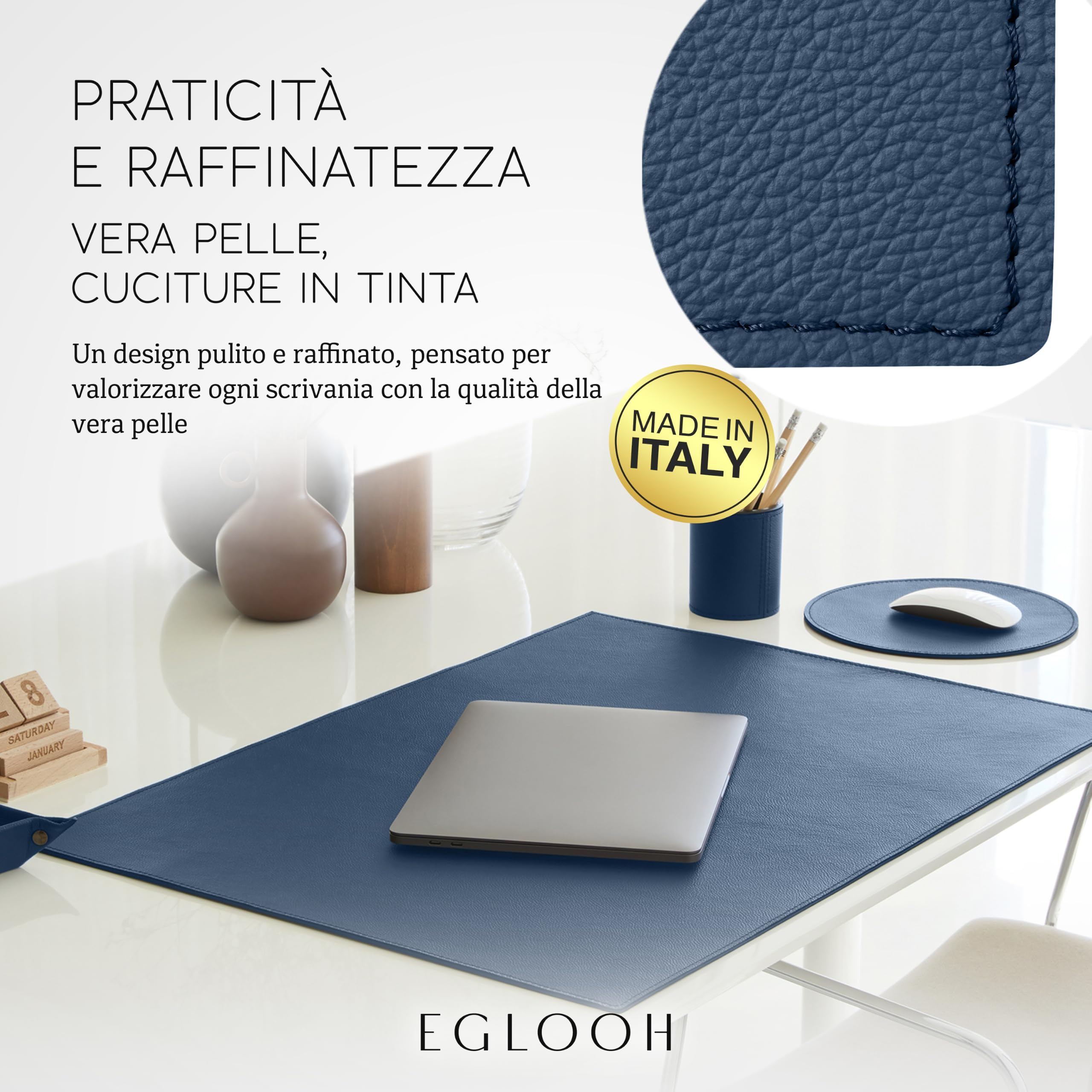 Eglooh – Palladio – Sottomano Scrivania Pelle Vera con Angoli Squadrati – Desk Pad e Tappetino Scrivania Antiscivolo – Copriscrivania Made in Italy
