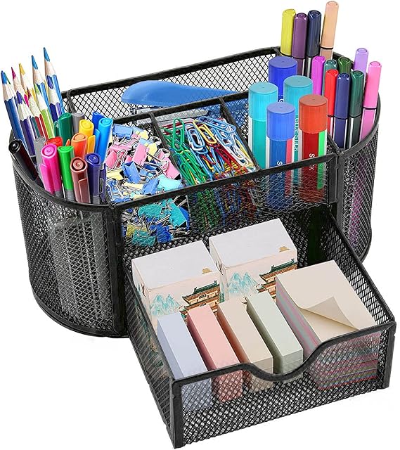 Youyijia Desk Organiser 22.5x11.5x11.5 cm Multifunctional Mesh Desk Tidy and Pen Holder with 8 Compartments and 1 Drawer for Home Office School Classroom Workshop (Black)