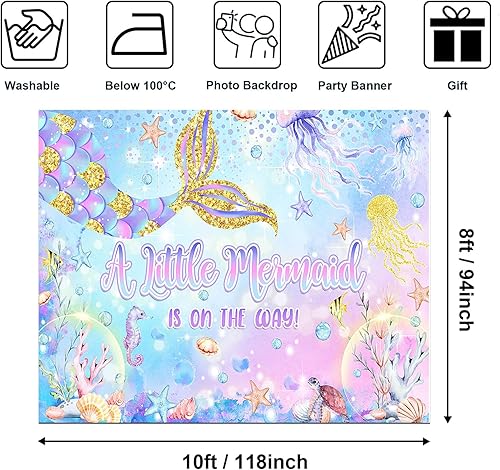 Miniatura 6 de Avezano Telón de fondo de sirena para baby shower, sirena está en camino bajo el mar, telón de fondo con purpurina y cola de sirena con fondo de
