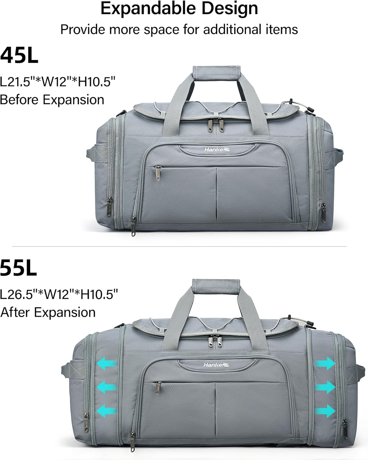 Hanke Expandable Carry On Luggage Bag,3 in 1 Duffle Bag for Travel,45L-55L Weekender Overnight Bag with 15.6" Compartment for Women & Men (Grey)