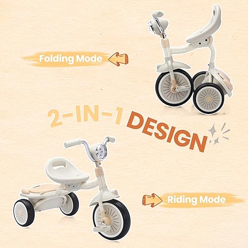 Miniatura 10 de Triciclo para bebé, triciclo plegable para niños pequeños con pedales, luces frescas, ruedas duraderas y asiento cómodo, triciclo para bebés de 1 a