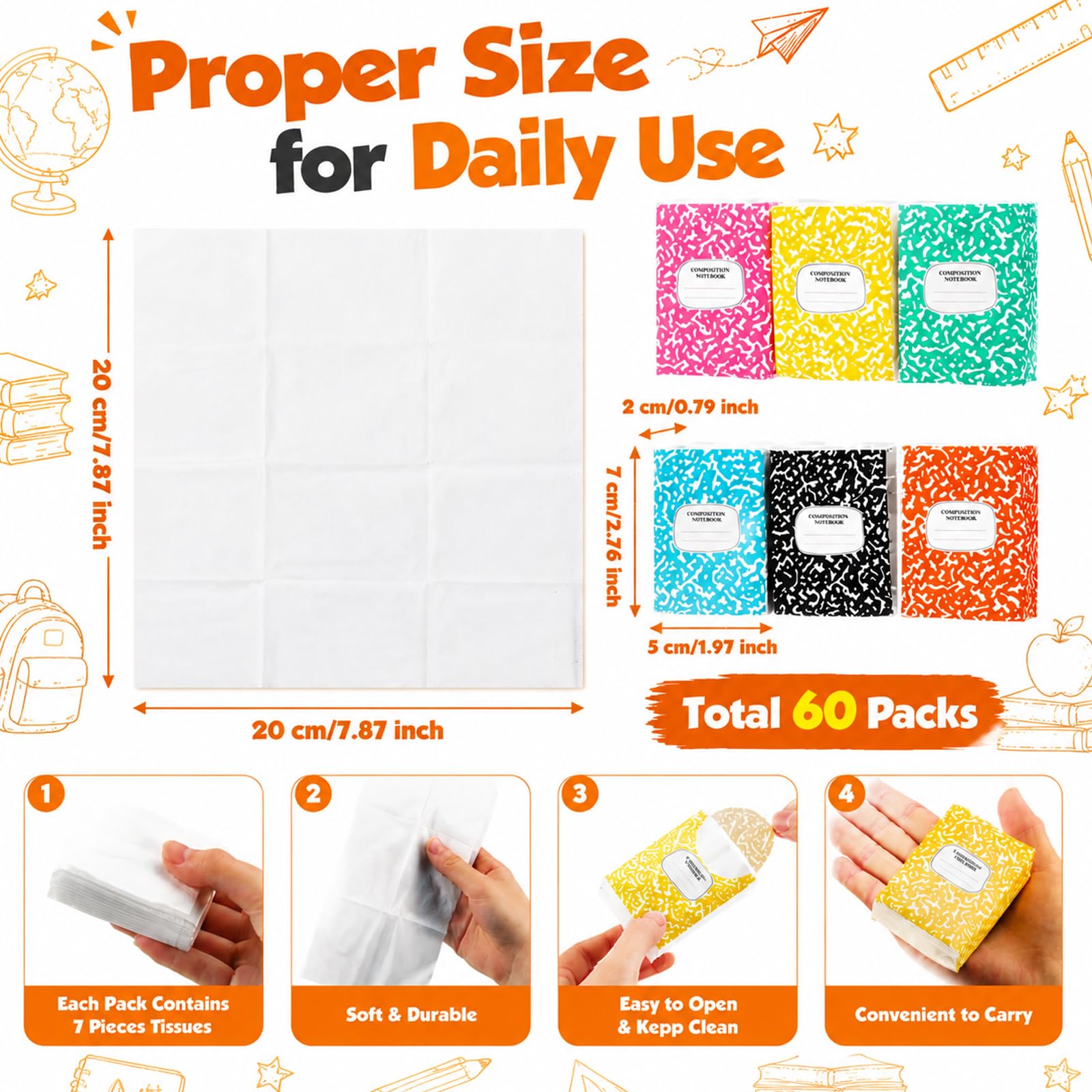 Colarr 60 Pz Ritorno a Scuola Mini Pocket Fazzoletti Insegnante Pocket Fazzoletti Bulk Travel Size Composizione Notebook Tema Carta Facciale Carino Ricompense Classroom Insegnante Party Favors