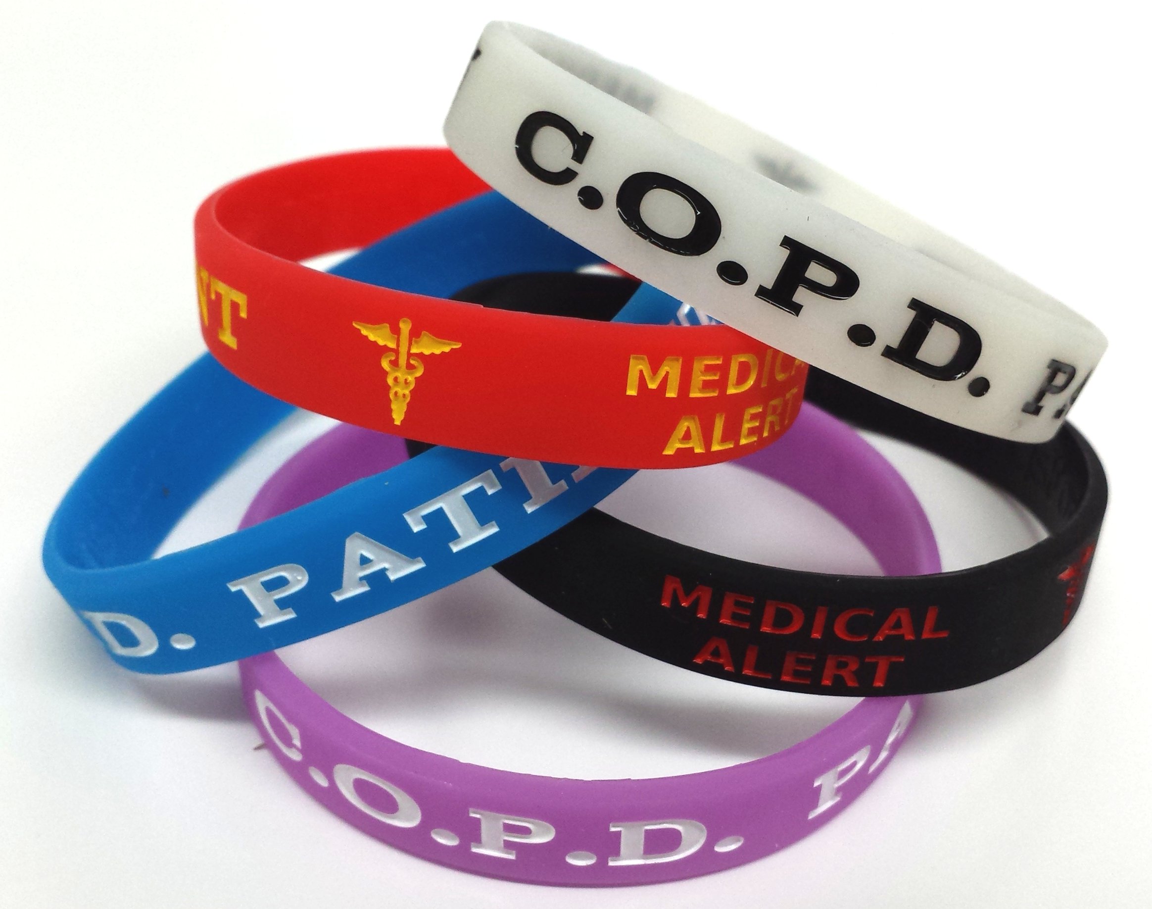 5X COPD Chronic Obstructive Pulmonary Disease Wristband Medical Awareness Alert Bracelet Glow in The Dark, Red, Black, Purple, Blue