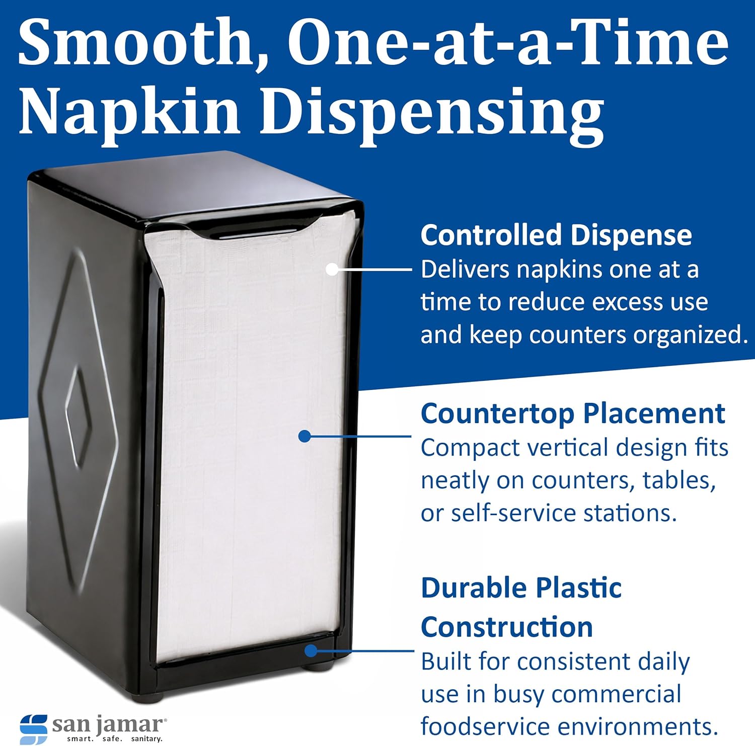 San Jamar Napkin Dispenser – Restaurant Napkin Dispenser Stainless Steel Tabletop, 7.75 x 4.5 x 4.5" Two-Sided Easy Loading Design for Kitchens, Catering and Dining Areas, Black, (Pack of 12)
