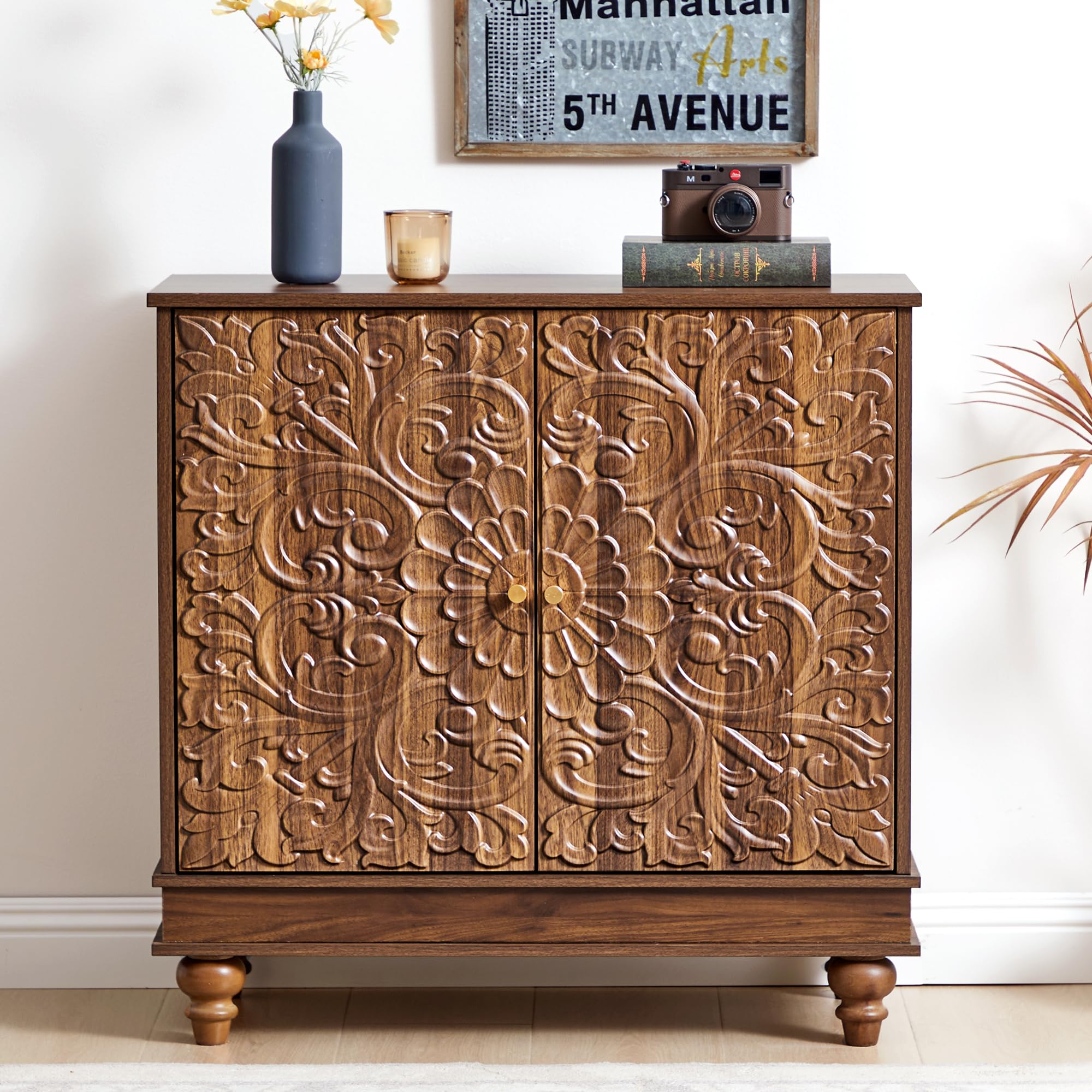 weselon Accent Cabinet with 2 Doors, Farmhouse Carved Buffet Sideboard with Adjustable Shelves, Storage Cabinet Entryway Table for Living Room (not in original box)