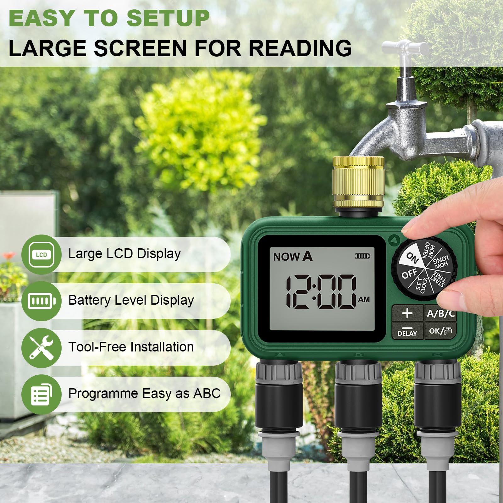 XinFuture Timer Sprinkler con 3 uscite in ottone, timer programmabile per tubo da giardino con ritardo di pioggia, sistema di irrigazione manuale e automatico, per 3 zone di irrigazione separate