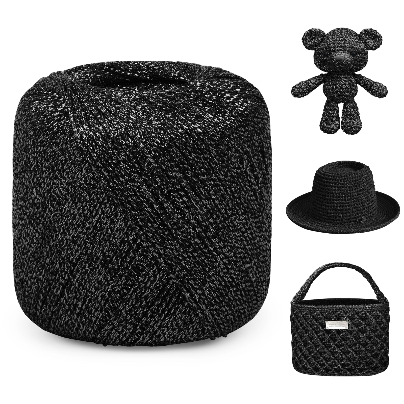 Uiopa Black Glitter Yarn 2mm x 120m Sparkle Crochet Macrame Yarn Metallic Polyester Cord for Bags, Baskets, Hats, Amigurumi, Home Decor, DIY Crafts