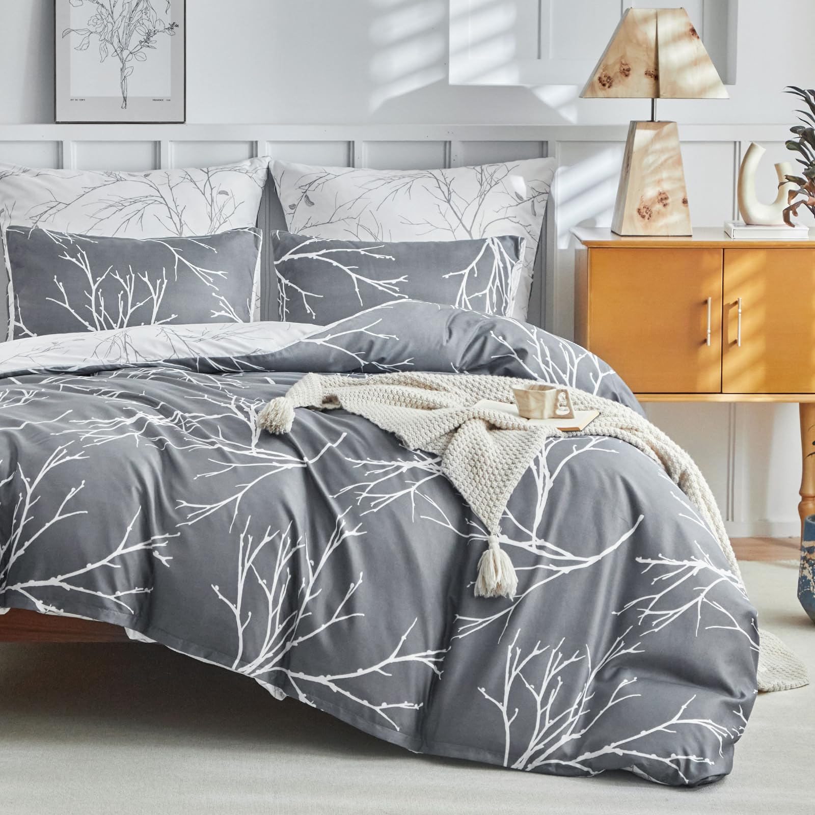 Tokokimo 4PCS Duvet Cover Sets King Size Bedding Sets, Botanical Branches Printed Grey Kingsize Duvet Cover Sets with Pillowcases and Extra Fitted Sheet, Soft Microfiber King Size Bedding Sets — view 84