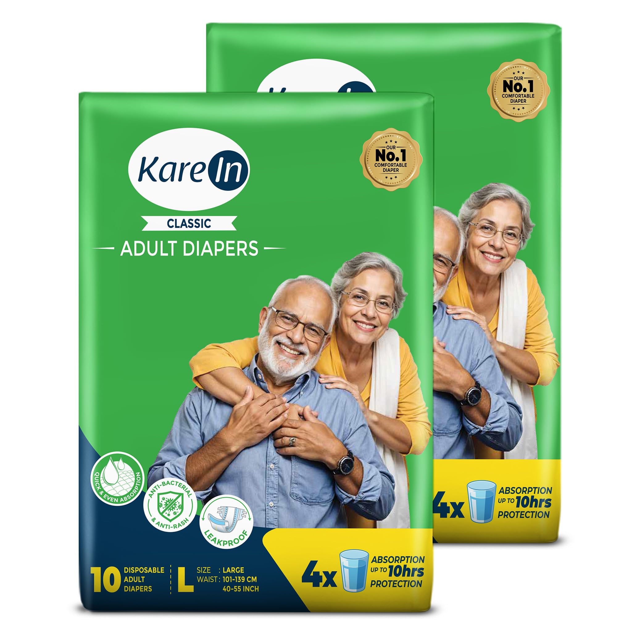 KareIn Classic Adult Diapers, Large, Waist Size 101-139Cm (40"-55"), Tape Style, Unisex, High Absorbency, Leak Proof, Wetness Indicator, Pack of 2, 20 Count