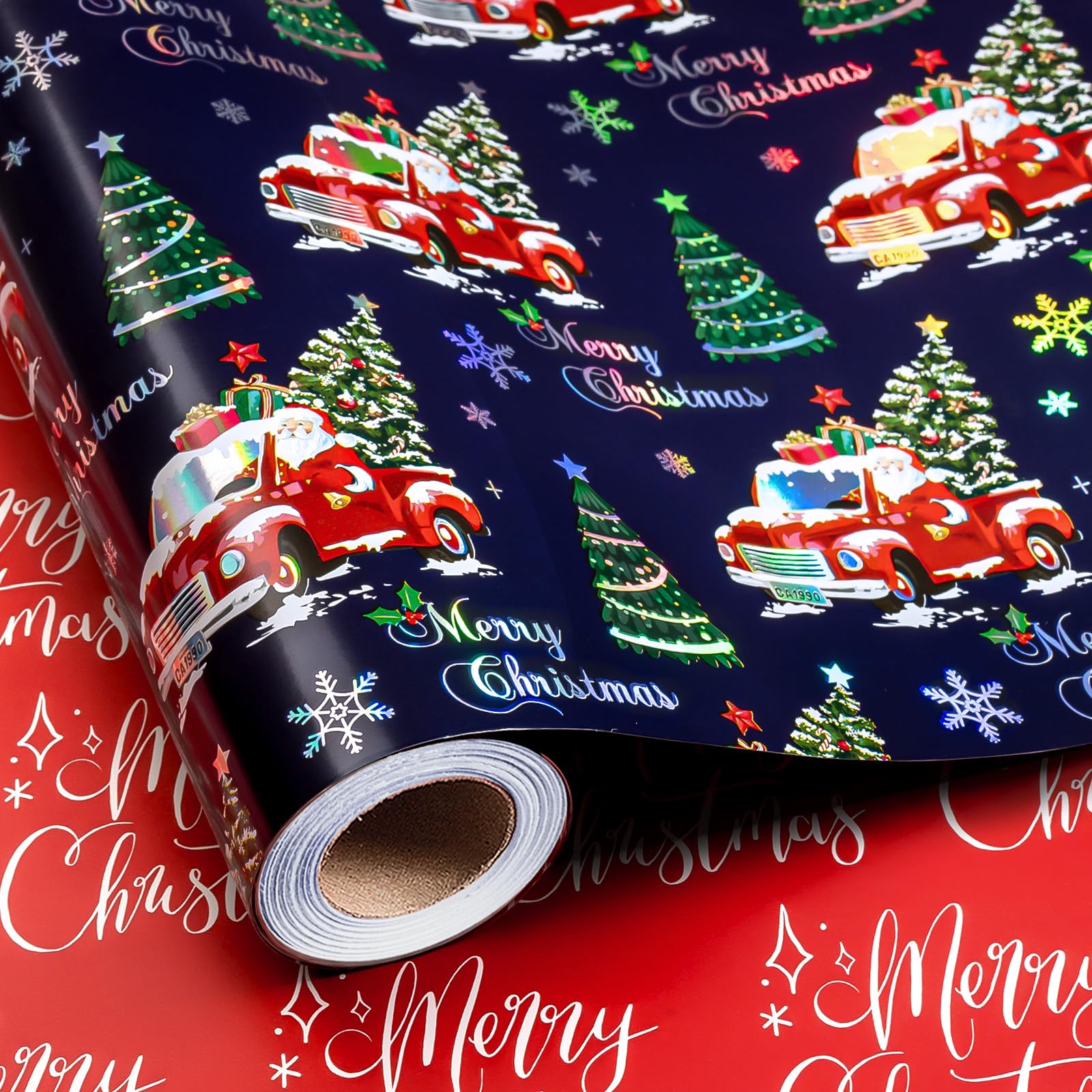 Homeral Christmas Wrapping Paper Roll - 43cm x 10m - Navy Blue Holographic Santa Claus, Red Cars, Trees and Merry Christmas Lettering Reversible Gift Wrap Paper for Xmas, New Year Party Celebration
