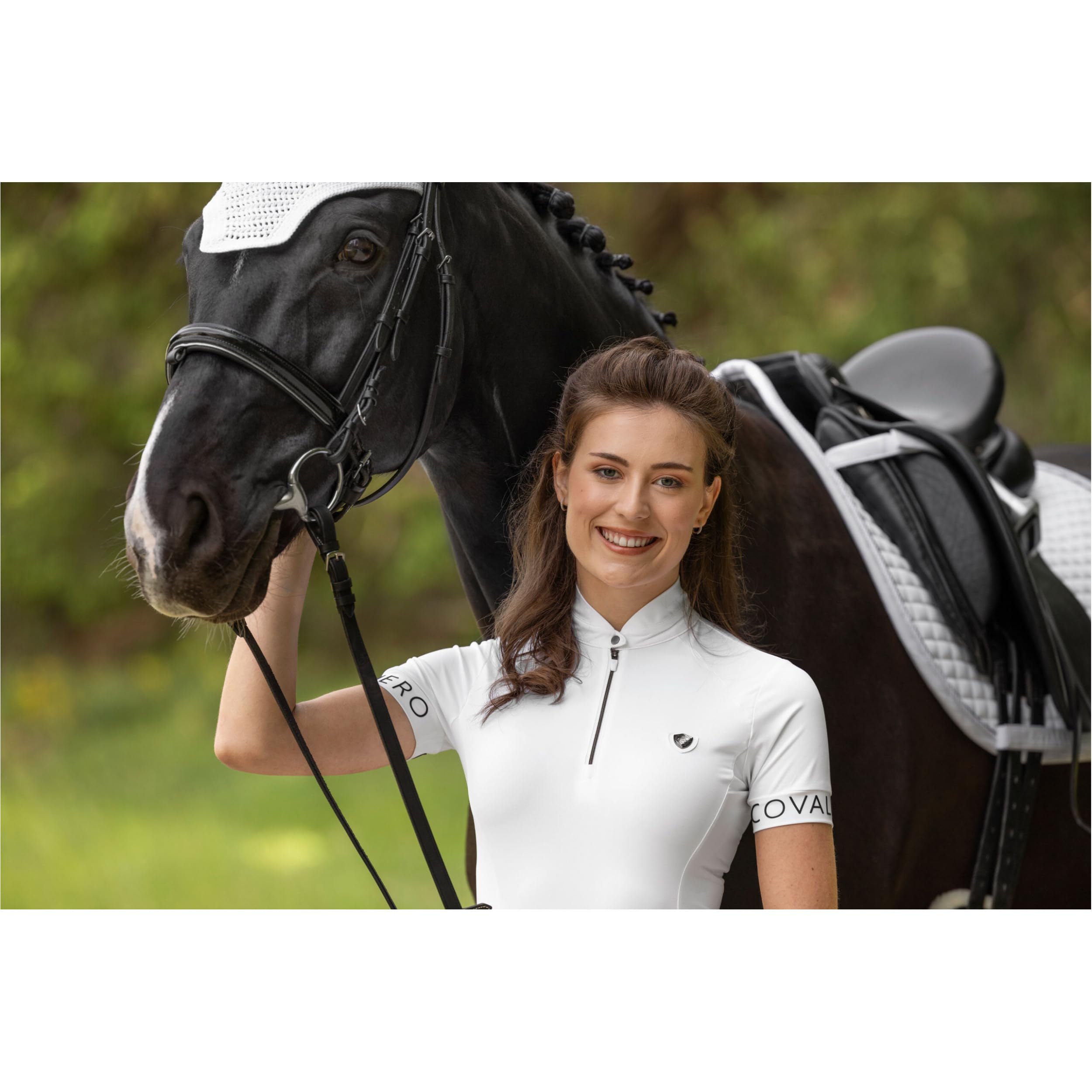 Covalliero - Damen Turniershirt Competition – Kurzarmshirt mit Stehkragen – Reitshirt aus Piquéstoff – Sportshirt mit tailliertem Schnitt – Reitbekleidung in Weiß