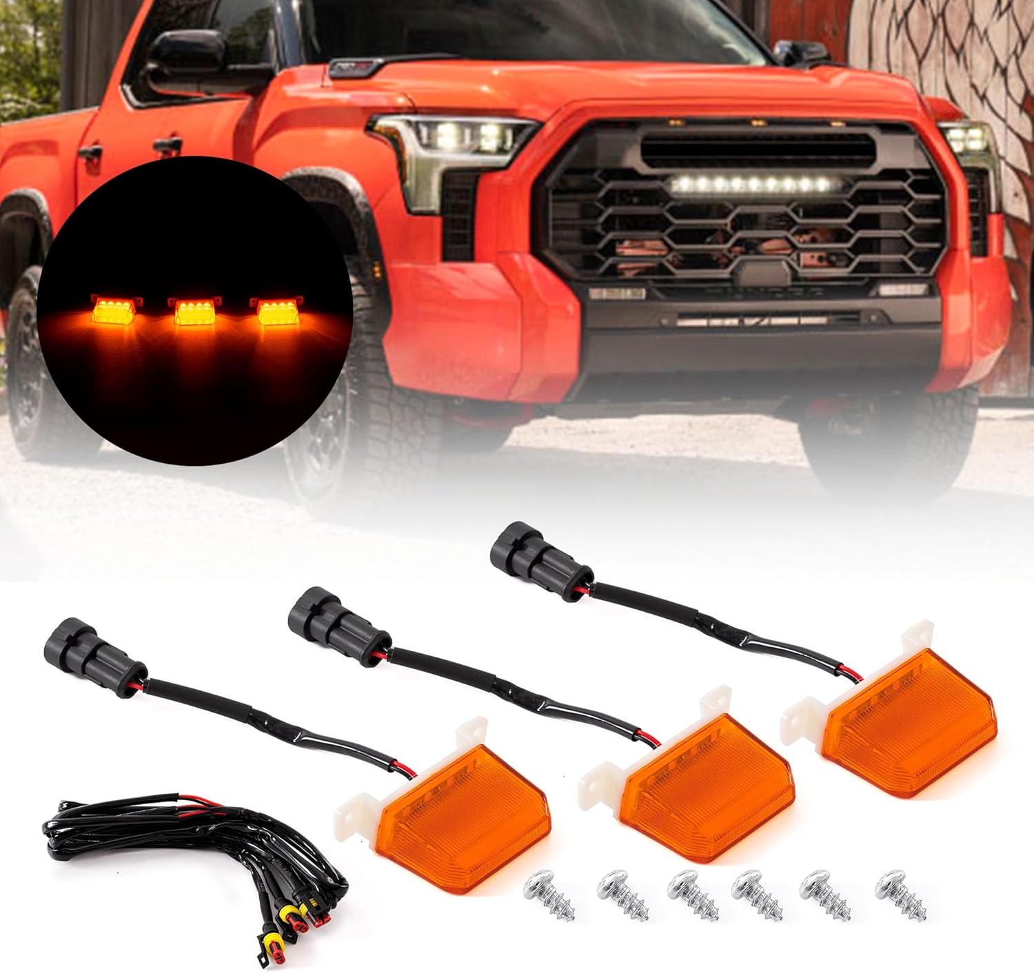 Front Bumper LED Grille Lights,Amber Yellow Grille Lamp fit for Toyota Tundra TRD PRO 2022 2023,Front Grille Middle Lamps Insert Lights with Wiring Harness Fuse,No Bracket,Set of 3