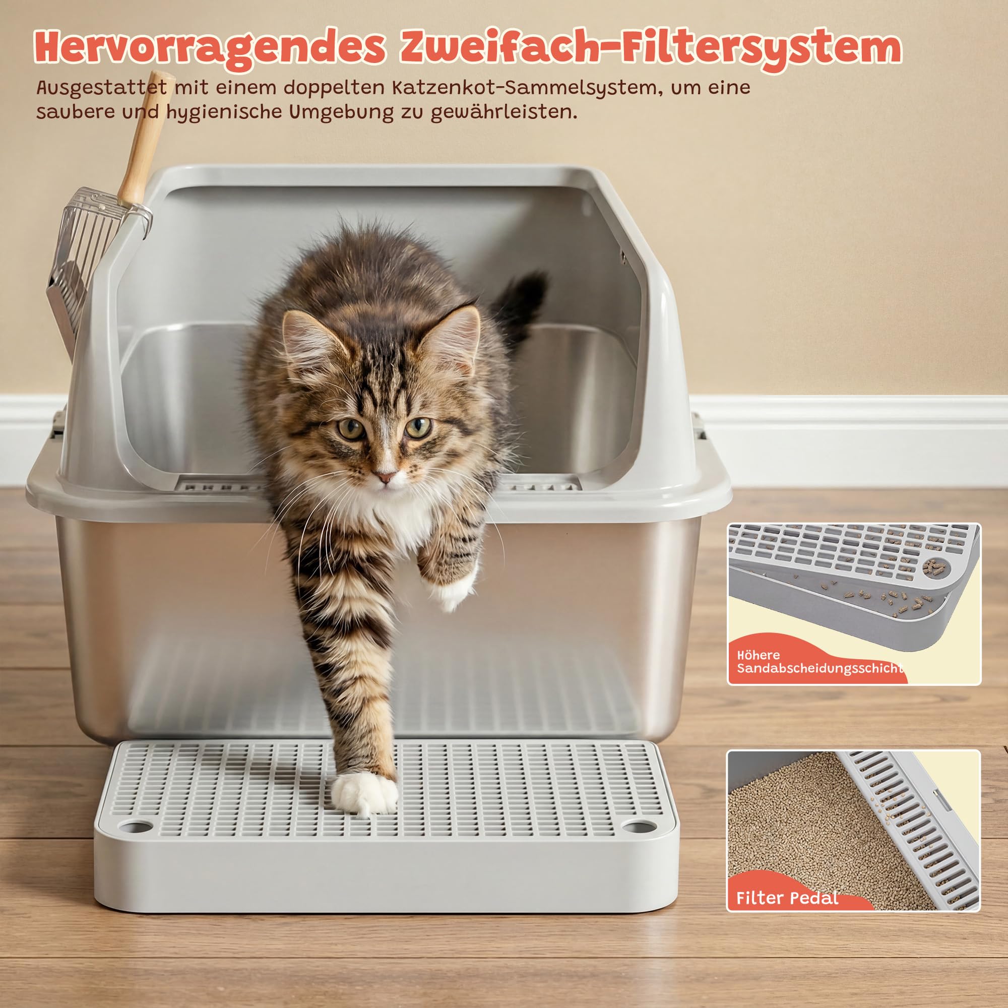 Katzenklo Edelstahl, Katzentoilette Groß XL mit Metall Schaufel, 40L Katzenklo mit Abnehmbares Hoher Rand, Halbgeschlossene Katzentoilette Metall für Katzen, Leicht zu Reinigen, Geruchsfrei
