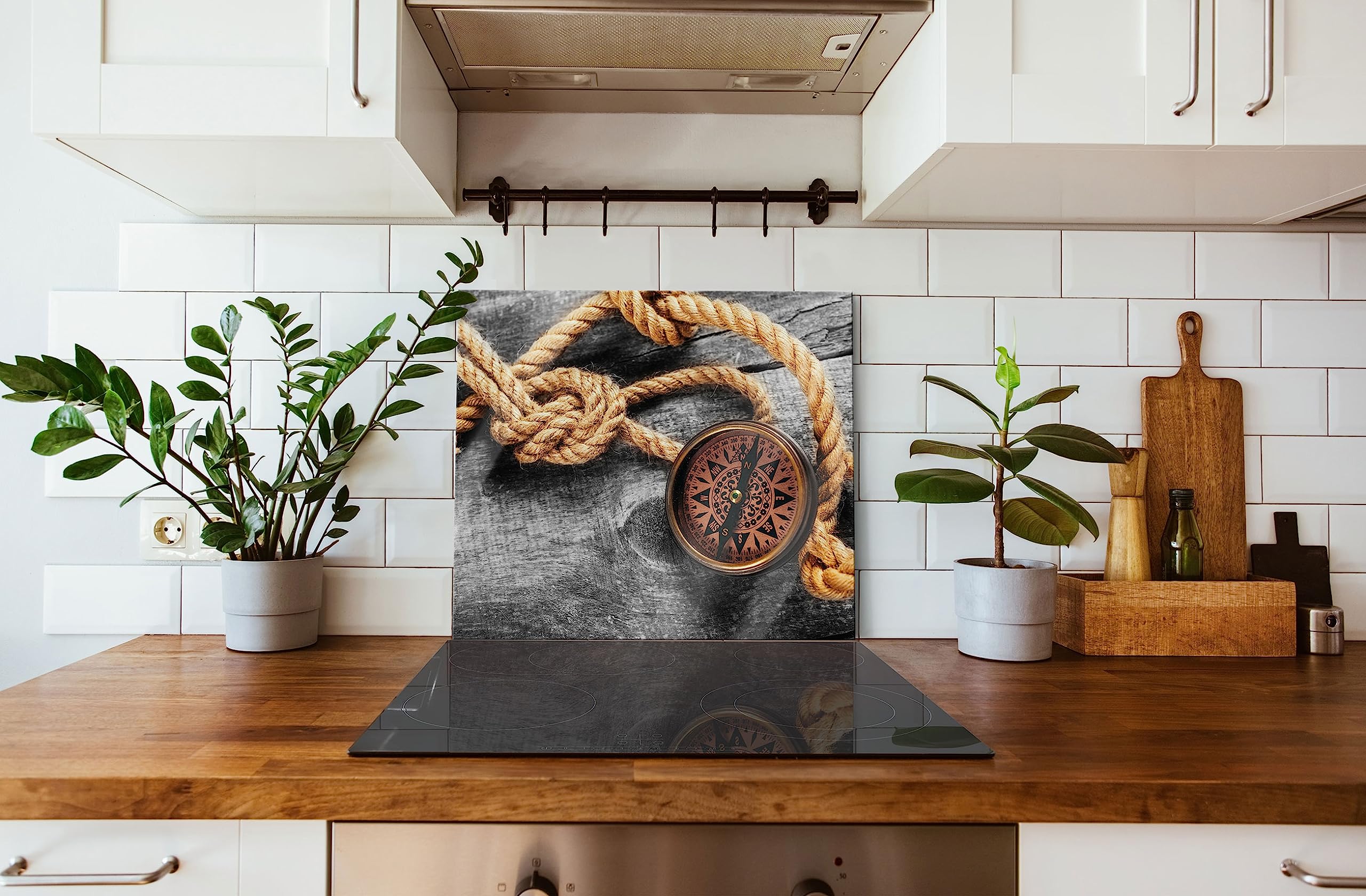 Schiffseil und Kompass Herdabdeckplatte & Spritzschutz aus Echtglas | Für Herd-Kochfelder | 60x52 cm
