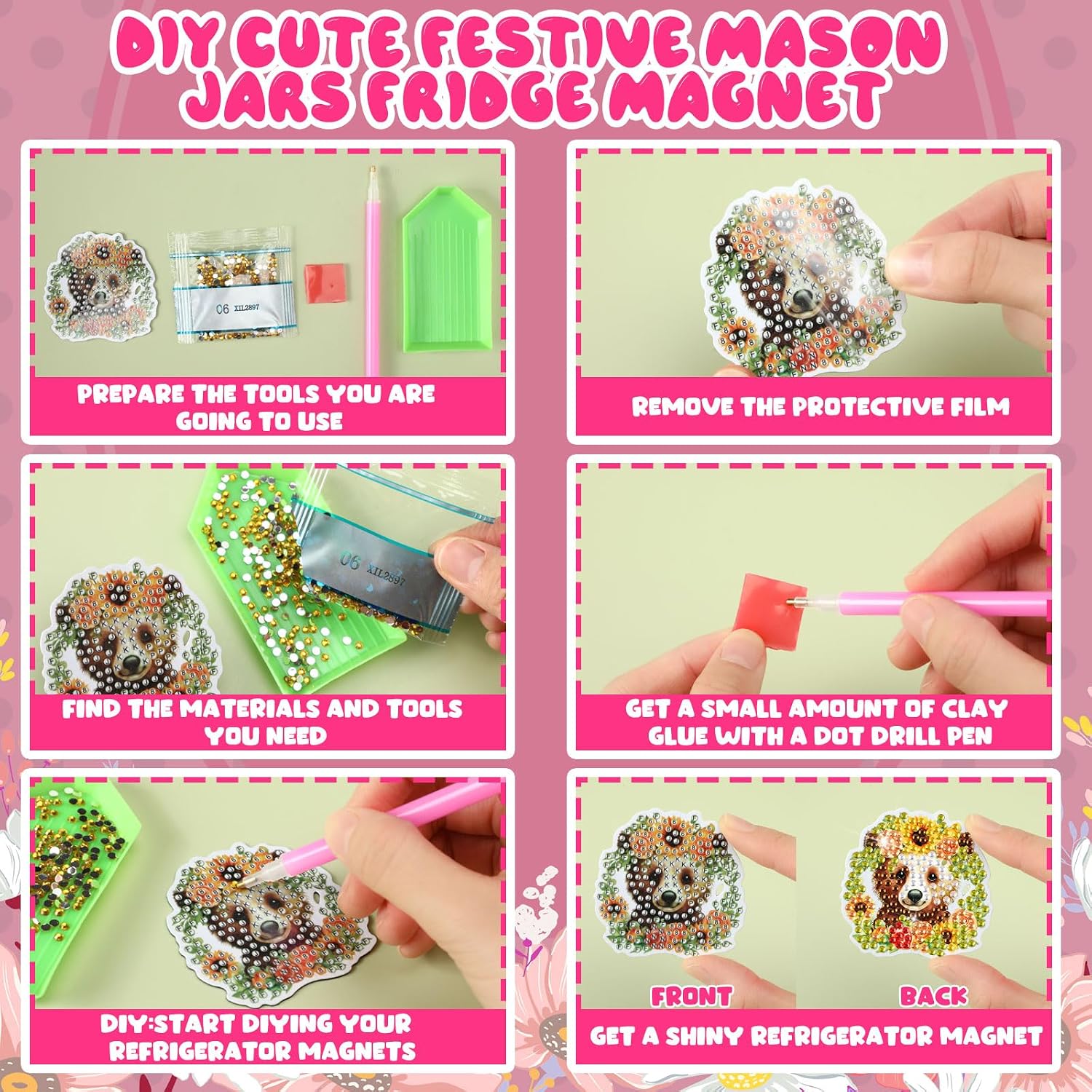 Xuhal 30 Pcs Animal Diamond Painting Magnets Flower Animal Diamond Art Magnet Kits for Adults 5d Rhinestone Floral Wreath Elephant Refrigerator Magnetic Stickers for DIY Craft Fridge Home Decor Gifts