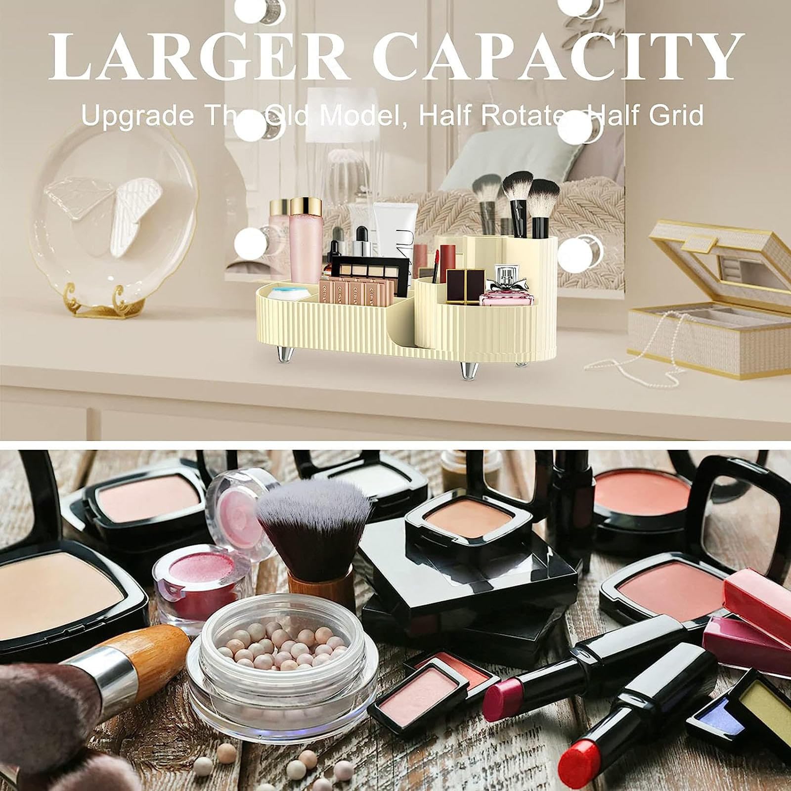 VIDECOR Organize Cosmetics 2-in-1 360 Rotante Porta Pennelli per Trucco e Organizer per La Cura della Pelle Conservazione di Materiali in Pet di Grande capacità per Profumi, Cura della Pelle,Yellow
