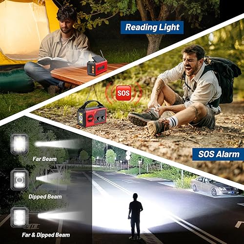 Miniatura 5 de Radio de emergencia con manivela de 30000 mAh, radio meteorológica solar portátil AM FM NOAA con linterna de 3 modos y lámpara de lectura, conector