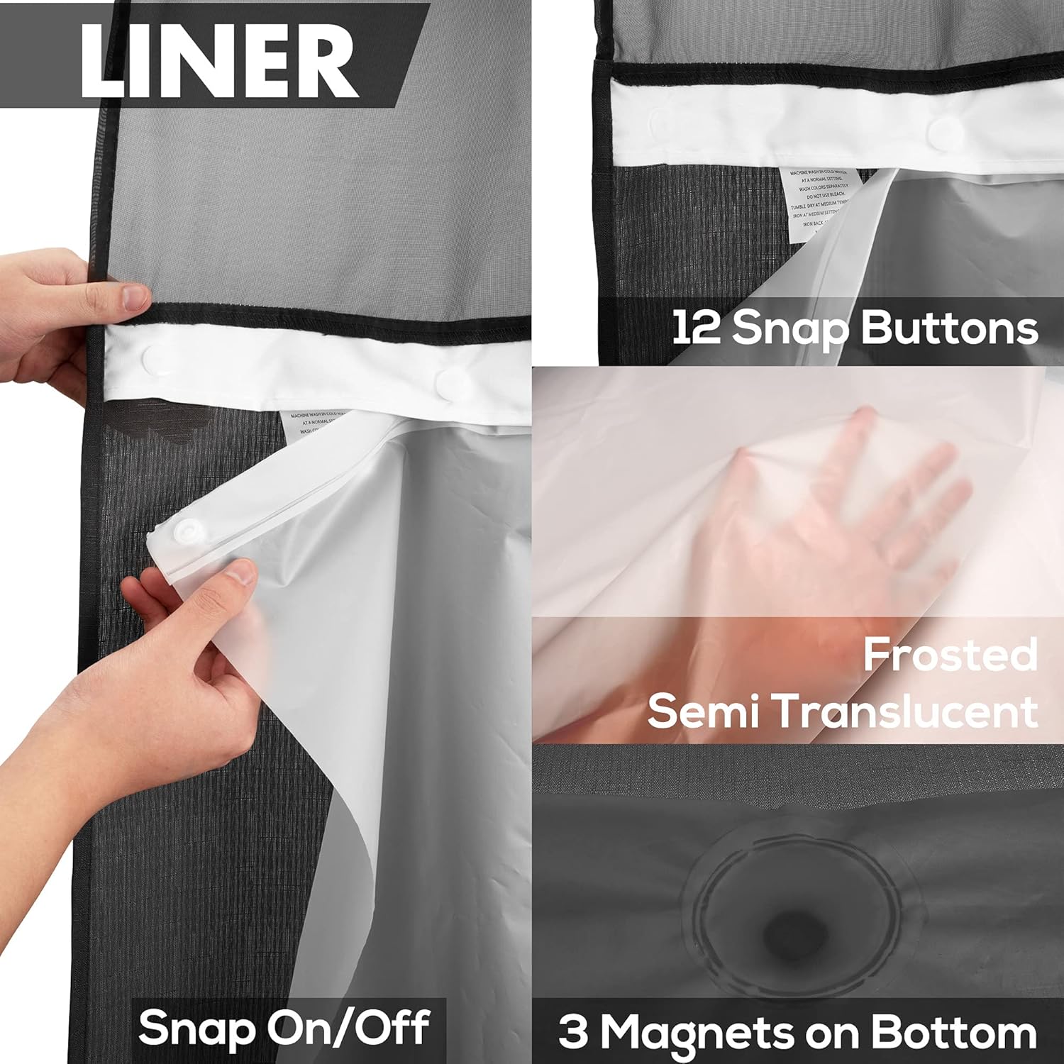 No Hook Slub Textured Shower Curtain with Snap-in PEVA Liner Set - 71" x 74"(72"), Hotel Style with See Through Top Window, Machine Washable & Water Repellent Fabric, Black, 71x74 : Home & Kitchen