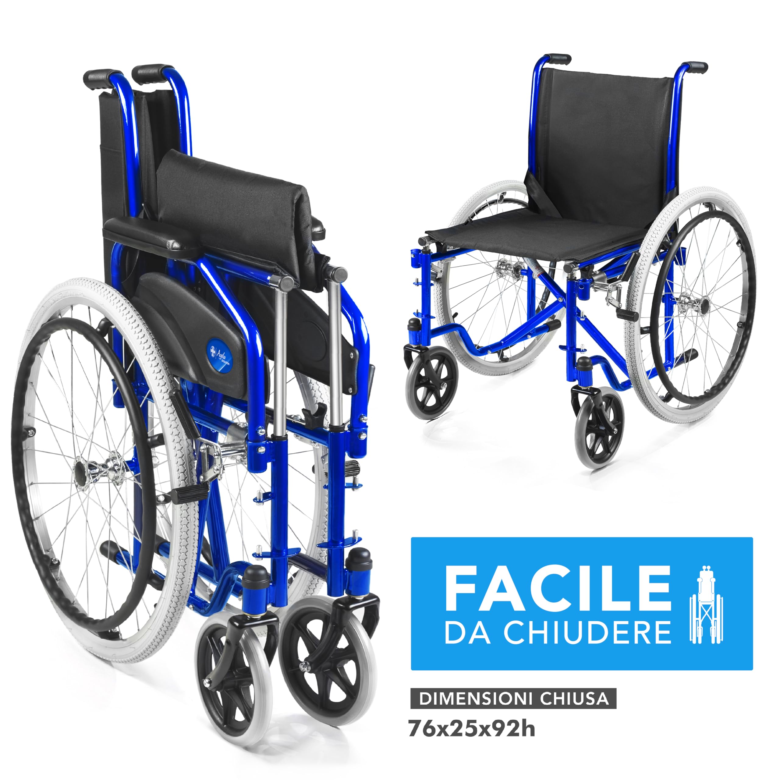 AIESI® Sedia a Rotelle pieghevole leggera ad autospinta per disabili ed anziani AGILA EVOLUTION, Braccioli e Poggiapiedi estraibili, Cintura di sicurezza, Pompa di gonfiaggio, Garanzia Italia 24 mesi
