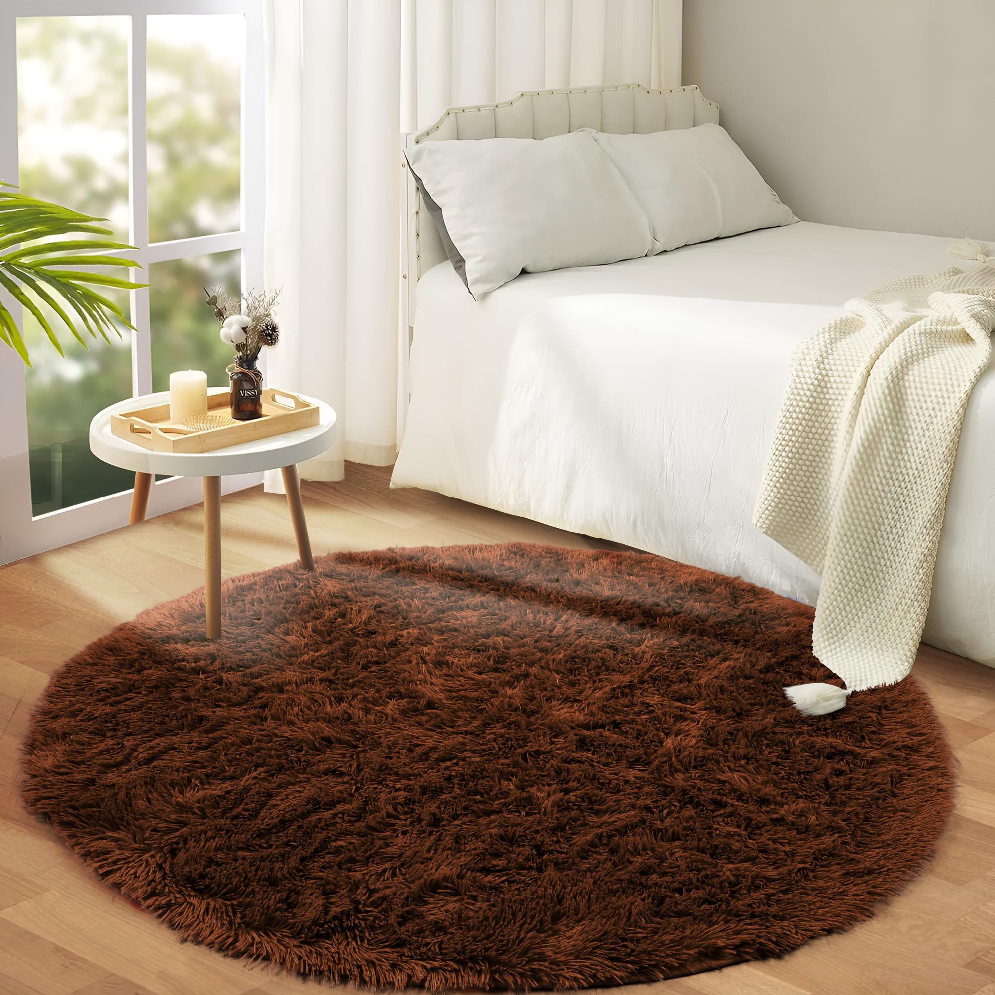 Hafaa Fluffy Shaggy Rugs Living Room Brown 120x120 cm Round, Soft Thick Pile Carpet, Non Slip Circle Bedside Rug for Kids Bedroom, Nursery, Lounge - Non-Shedding — image 1