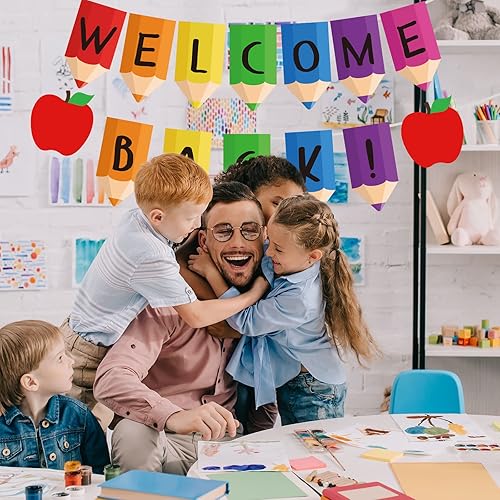 Miniatura 7 de AnyDesign Cartel de regreso a clases, 2 cuerdas, guirnalda de banderines de bienvenida a la escuela, tablón de anuncios premontado, bonito cartel