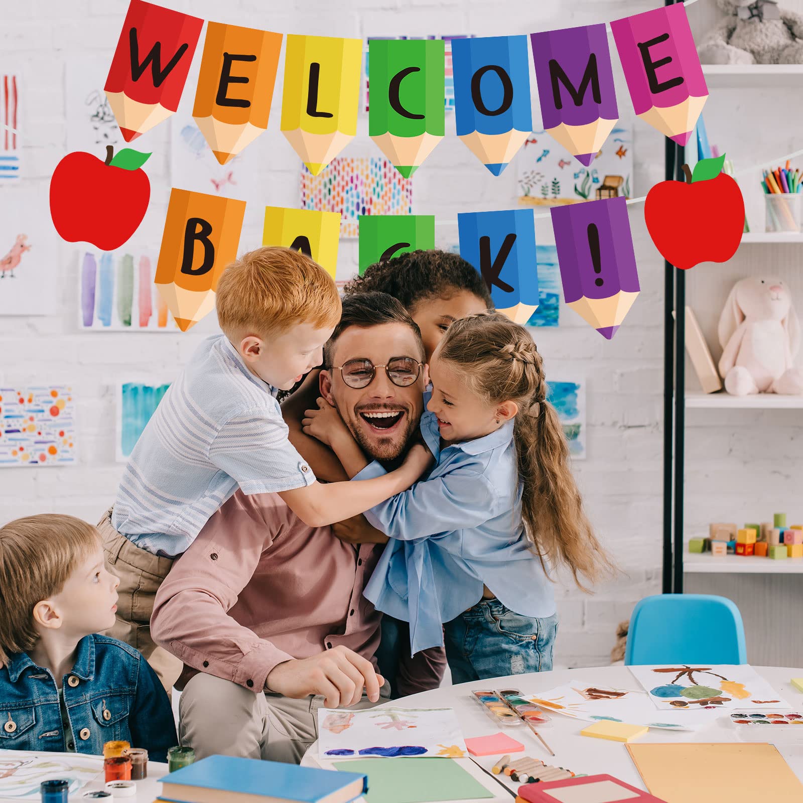 AnyDesign Banner de regreso a la escuela, 2 cuerdas, guirnalda de banderines de bienvenida de vuelta a la escuela, tablero de anuncios premontado, bonito lápiz de manzana, pancarta decorativa colgante