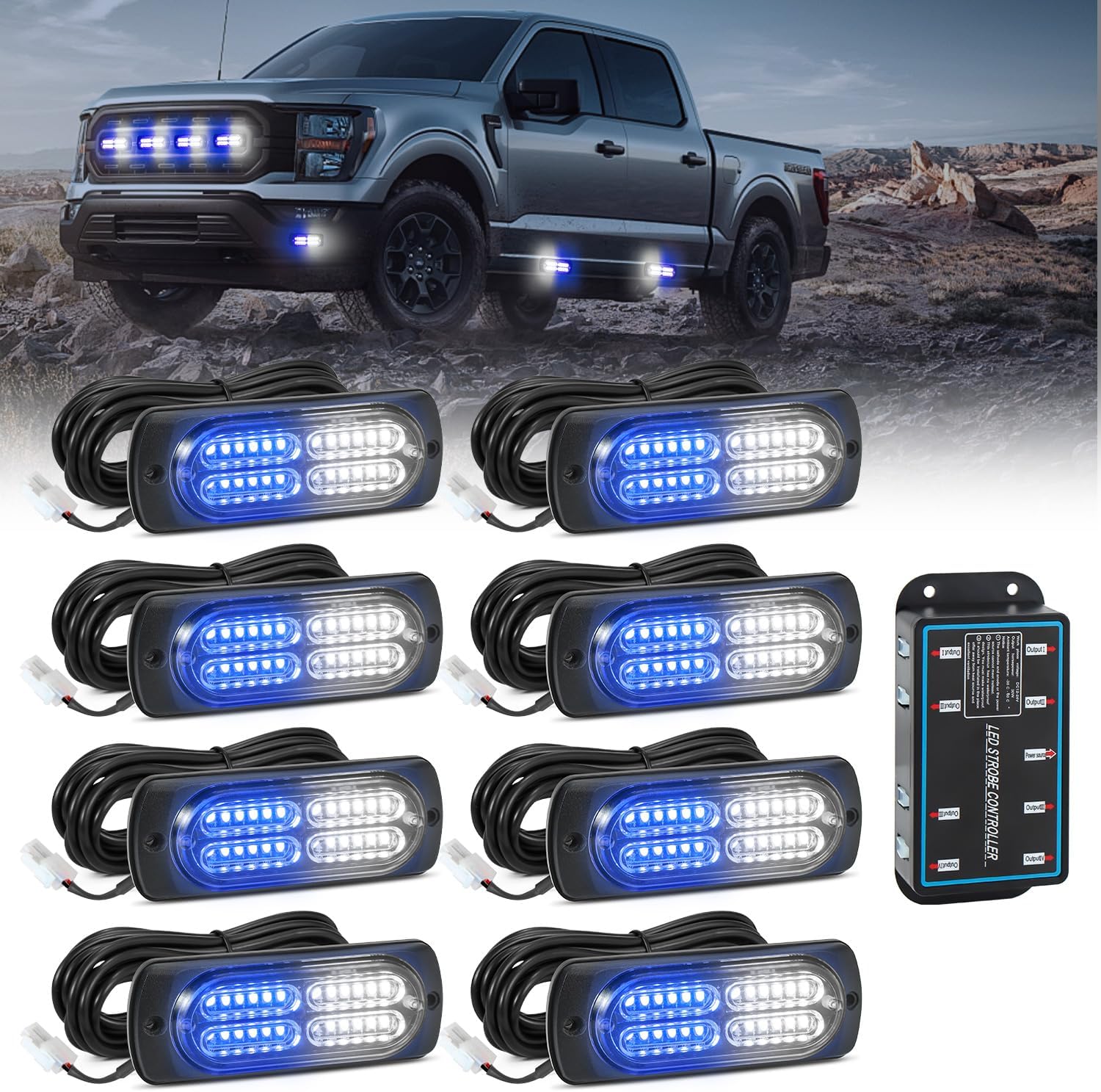 AnTom 8pcs Emergency Strobe Lights for Trucks, Sync Feature Vehicles Grille Surface Mount 24-LED Flashing Hazard Warning Light Kit with Controller and Wiring Harness, No additional wiring required