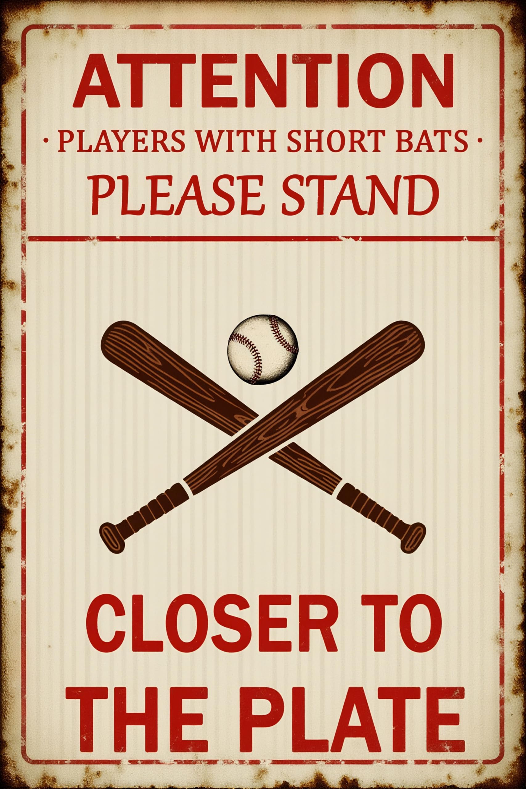 peiyeety Retro Metal Tin Sign 12 X 16 Inches Funny Baseball Signs Players with Short Bats Please Stand Closer to The Plate Decor for Man Cave Sports Themed Bar Bathroom