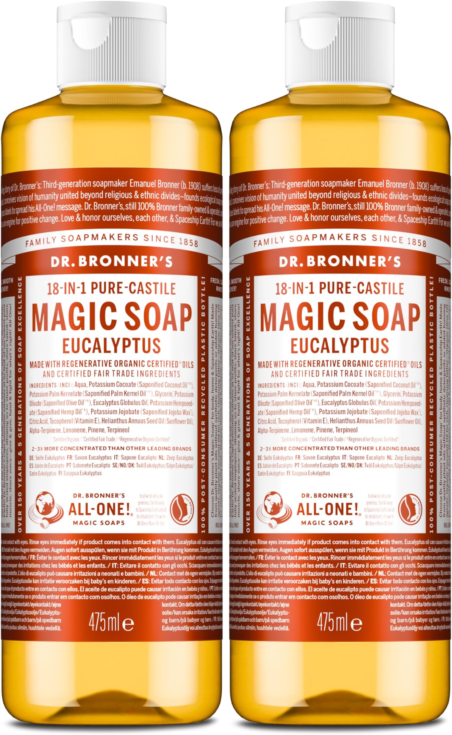 Dr Bronner's 18-in-1 Eucalyptus Pure Castile Liquid Soap, Made with Organic Oils, Used for Face, Body, Hair, Laundry, Pets and Dishes, Certified Fair Trade & Vegan Friendly, 473ml Recycled Bottle