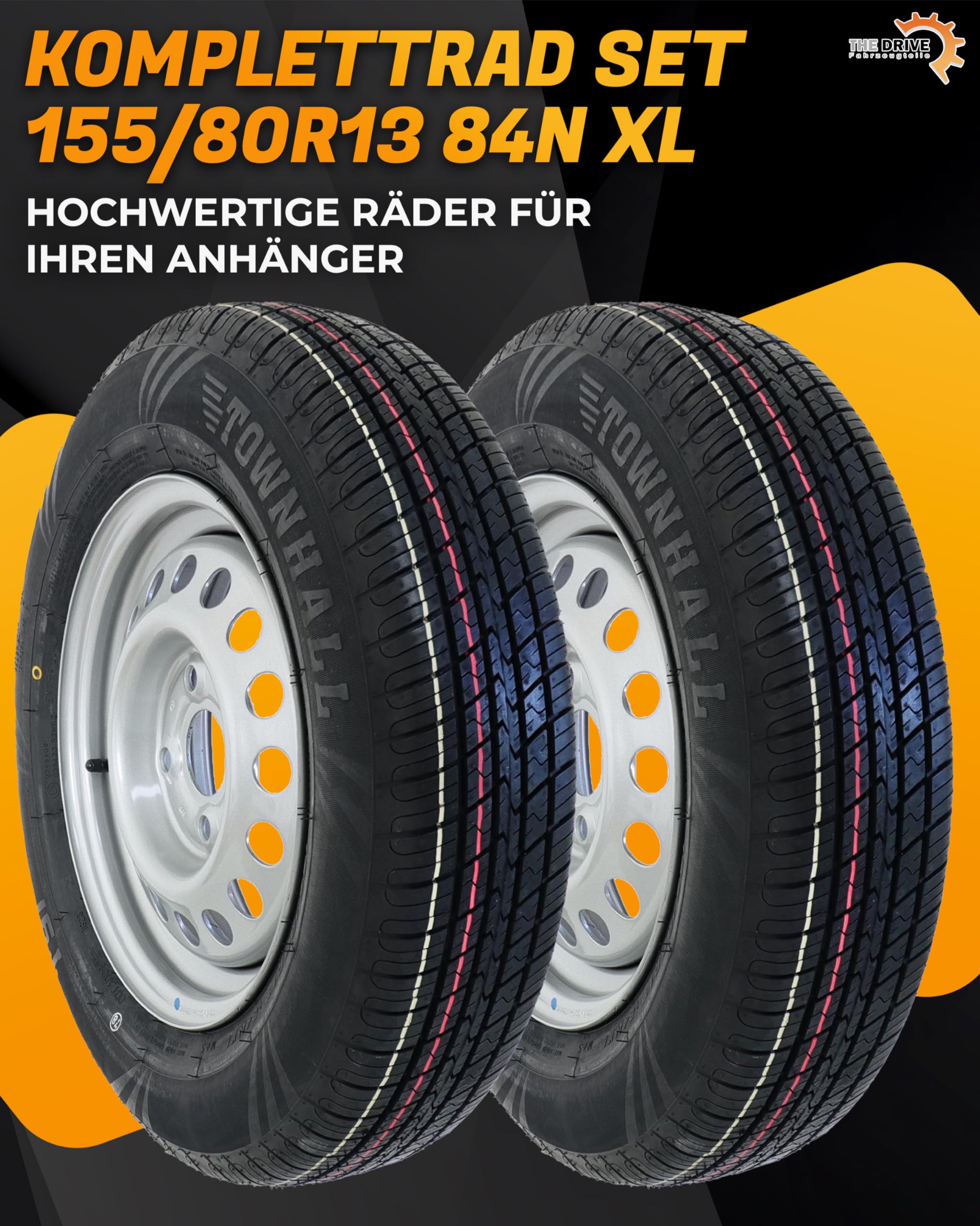 The Drive 2x Komplettrad 155/80R13 84N XL für Pkw-Anhänger & Caravan – Felge 4Jx13 H2 ET30 – Lochkreis 4x100 – Tragkraft 500kg – max. 140 km/h – hochwertige Ersatzräder für Autoanhänger