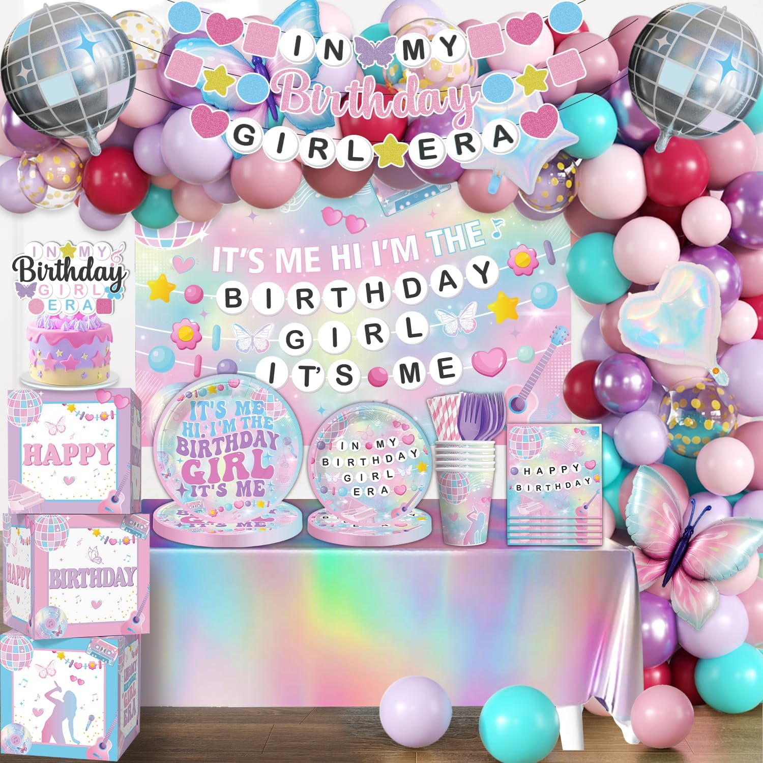 cocomigo 249pcs In My Birthday Girl Era Decorations Complete Party Set, Serves 20 Guests, In My Birthday Girl Era Party Supplies, includes Banner, Balloon Arch, Backdrop, Plates and Napkins Kit, etc