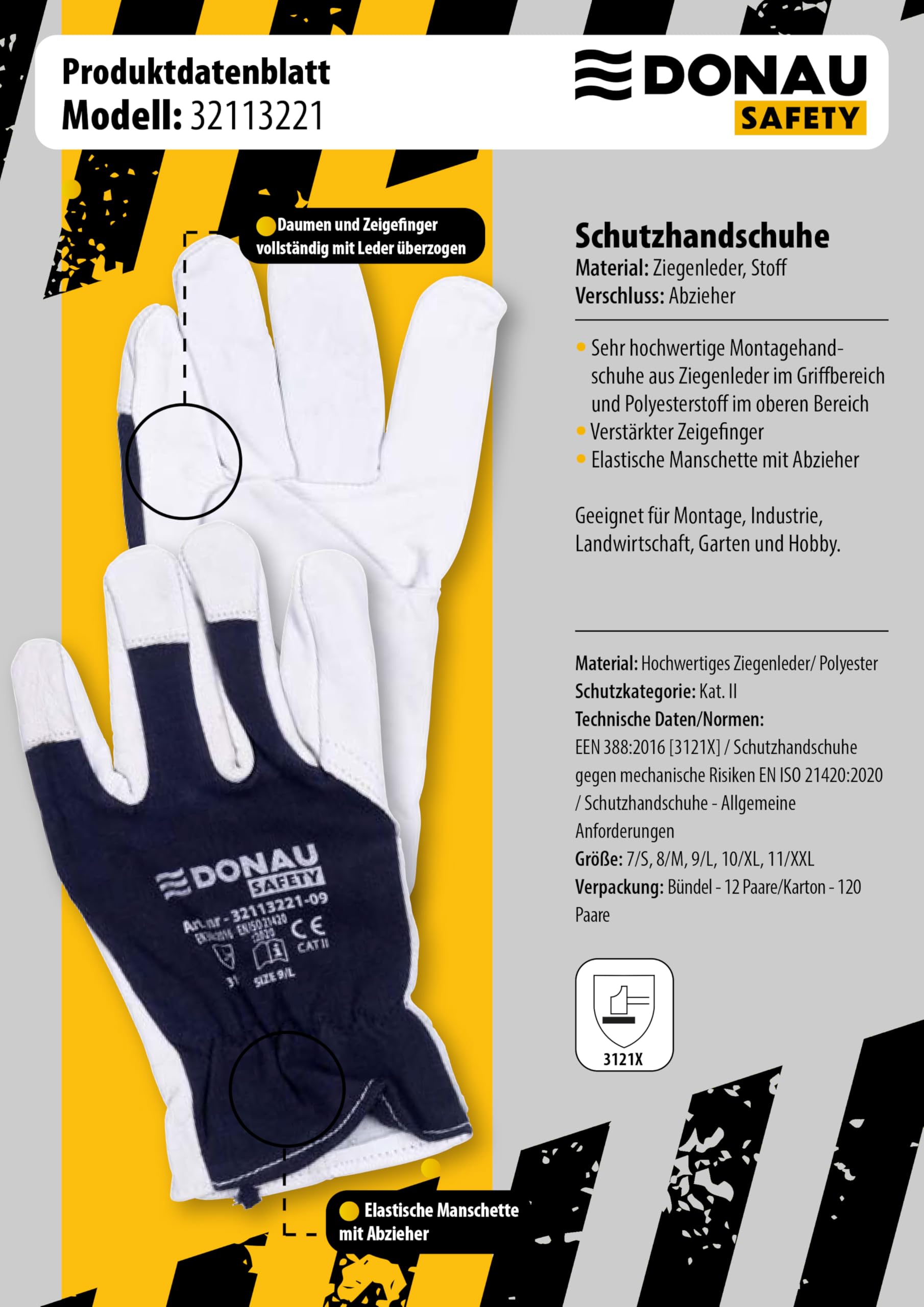 DONAU SAFETY Skórzane rękawice robocze z elastycznym nadgarstkiem/rozmiar 8 M/1 para/biało-ciemnoniebieskie/rękawice montażowe/miękkie i wygodne rękawice ochronne ze skóry koziej i tkaniny