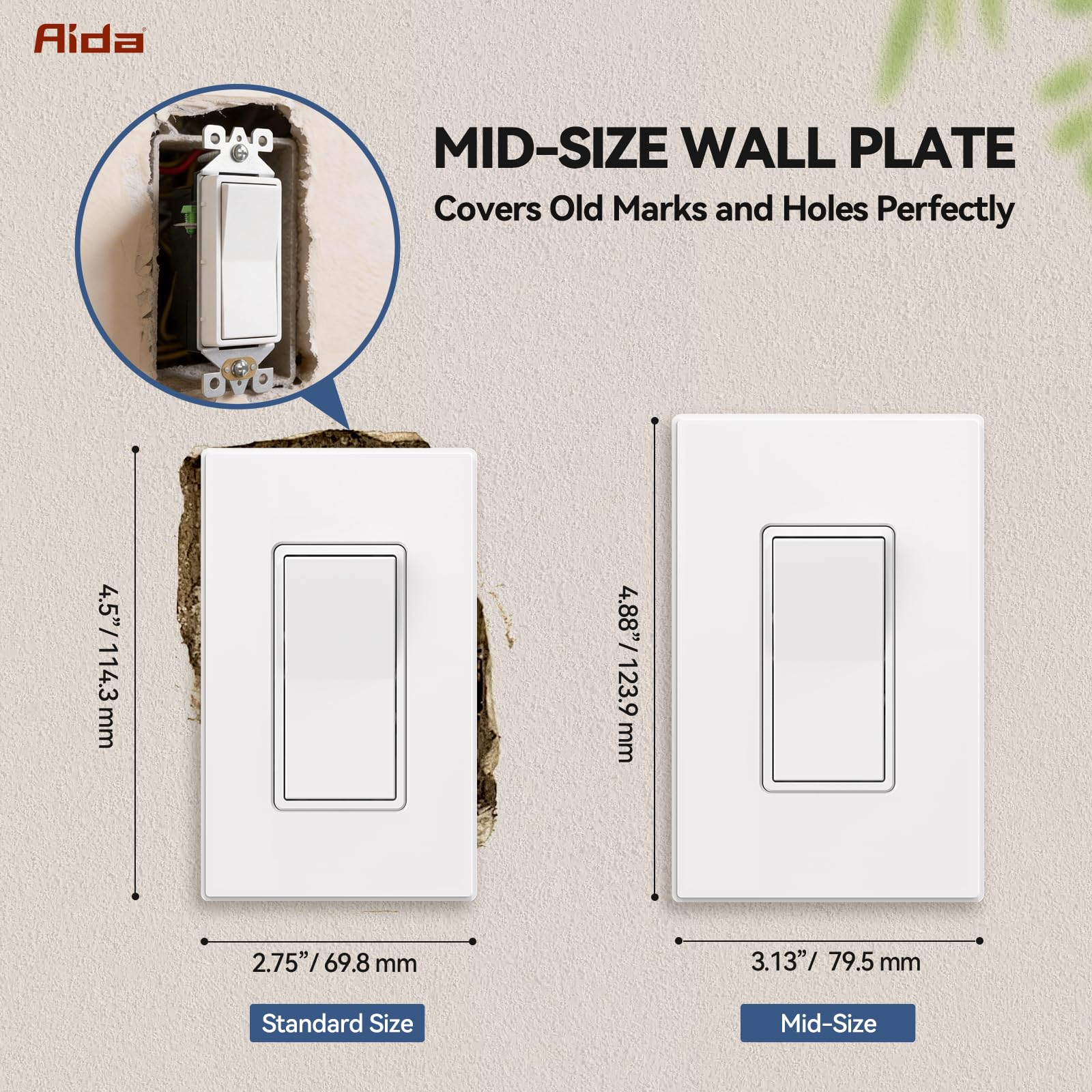 AIDA Interruptor de luz blanco mate de un solo polo con cubierta de placa de pared sin tornillos, 15 amperios, 120/277 V, repuesto de interruptor basculante de pala, interruptor de pared de encendido